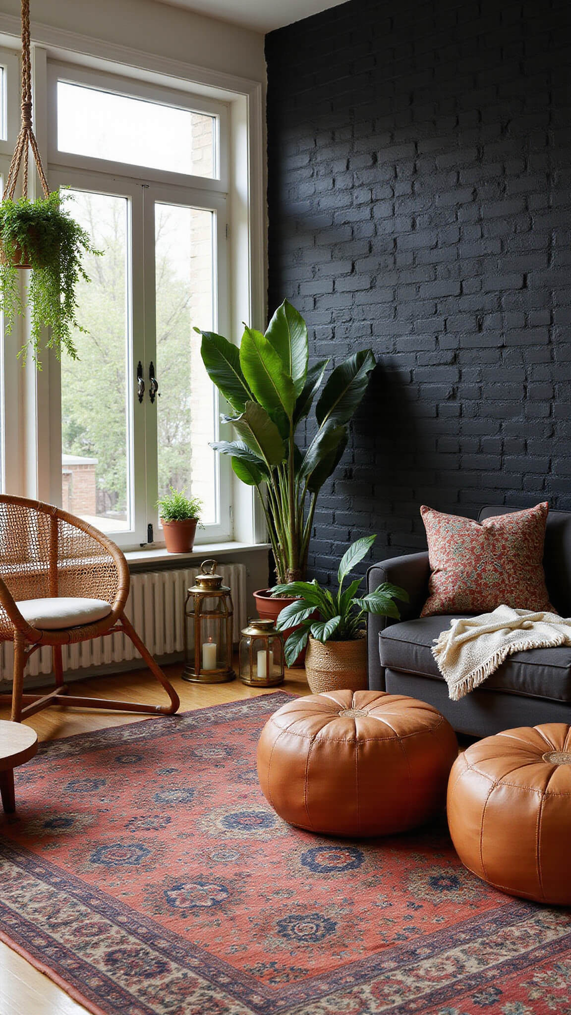 Bohemian living room with black brick accent wall, vintage rugs in warm tones, rattan chair, leather poufs, brass lanterns, and cascading plants in macramé hangers.