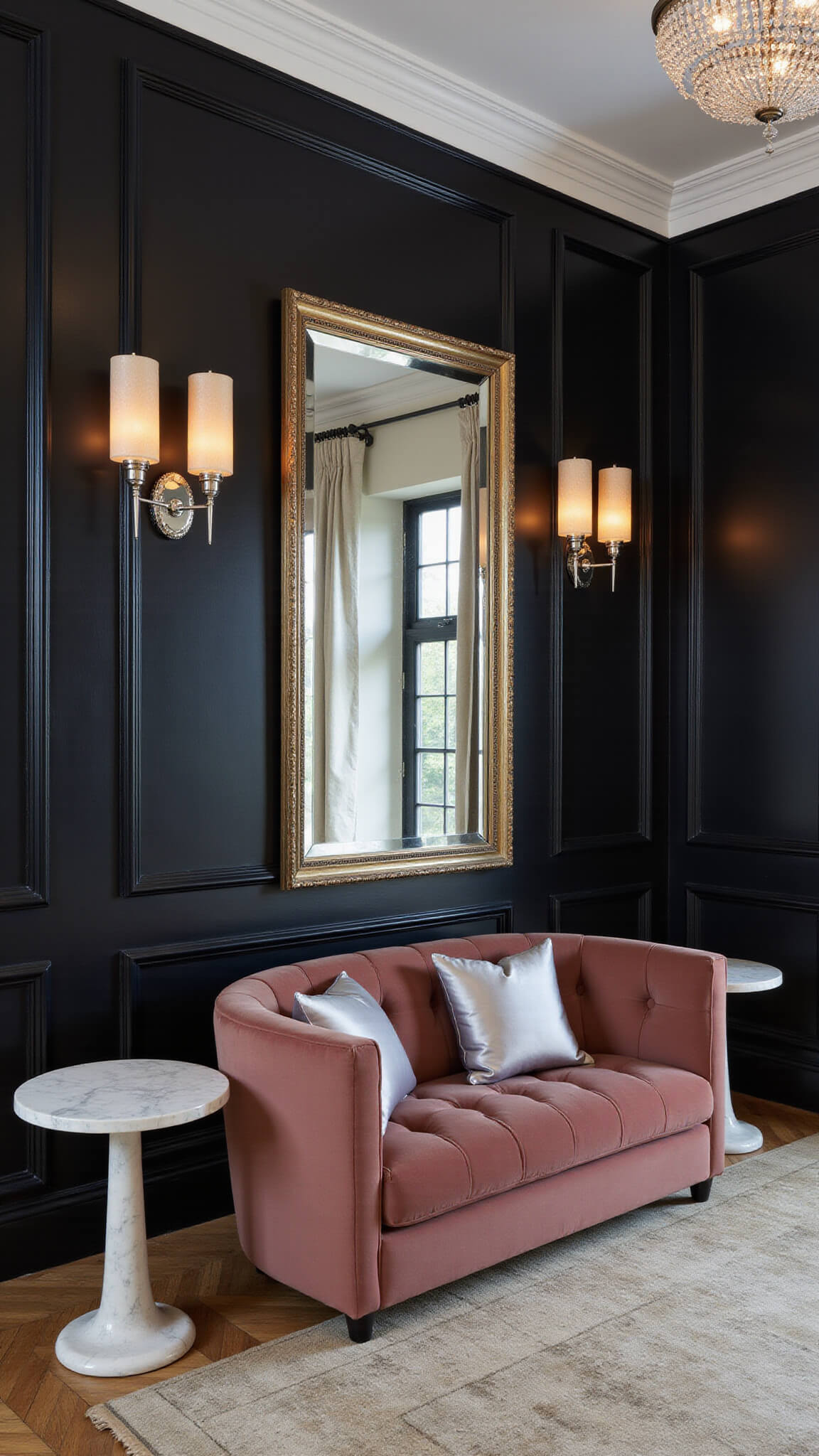 Art Deco Revival lounge with dusty rose velvet sofa, black paneled accent wall, geometric trim, marble side tables, crystal chandelier, and ambient chrome and glass sconces.