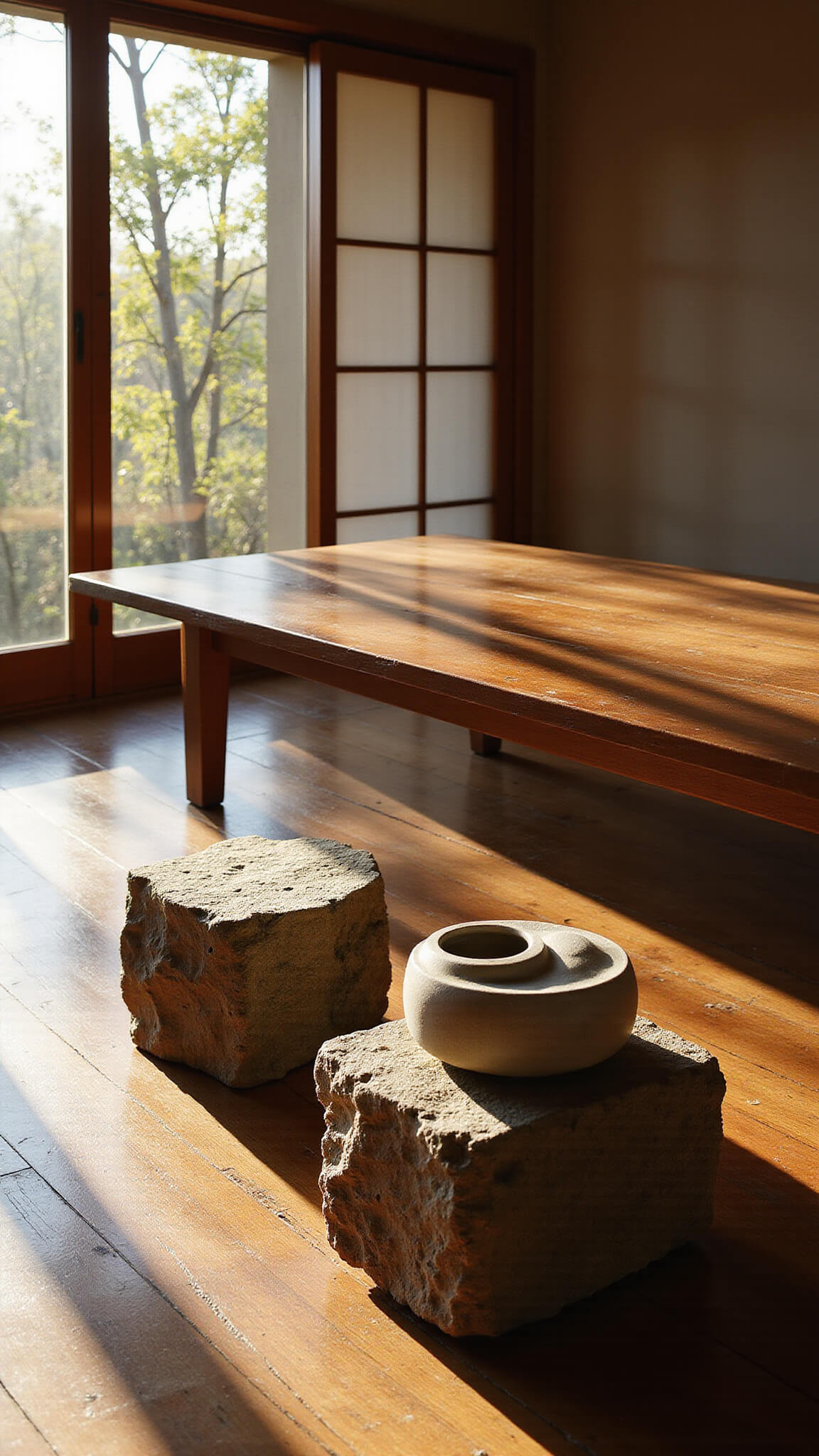 Minimalist Japanese dining room at golden hour with shoji-screen-filtered sunlight, low walnut tables, ceramic vessels, and oak flooring, emphasizing negative space and warm natural tones.