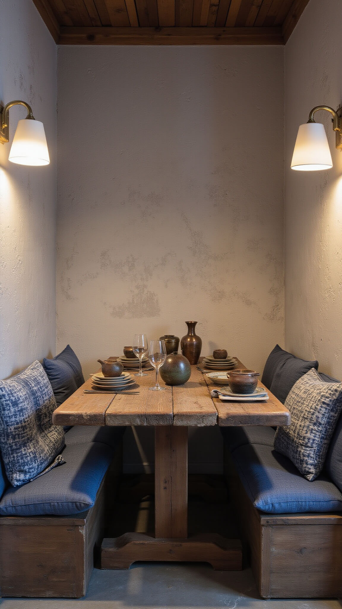 Private dining alcove with aged plaster walls, ancient cypress table, indigo zabuton cushions, and dramatic side lighting from bamboo floor lamps.