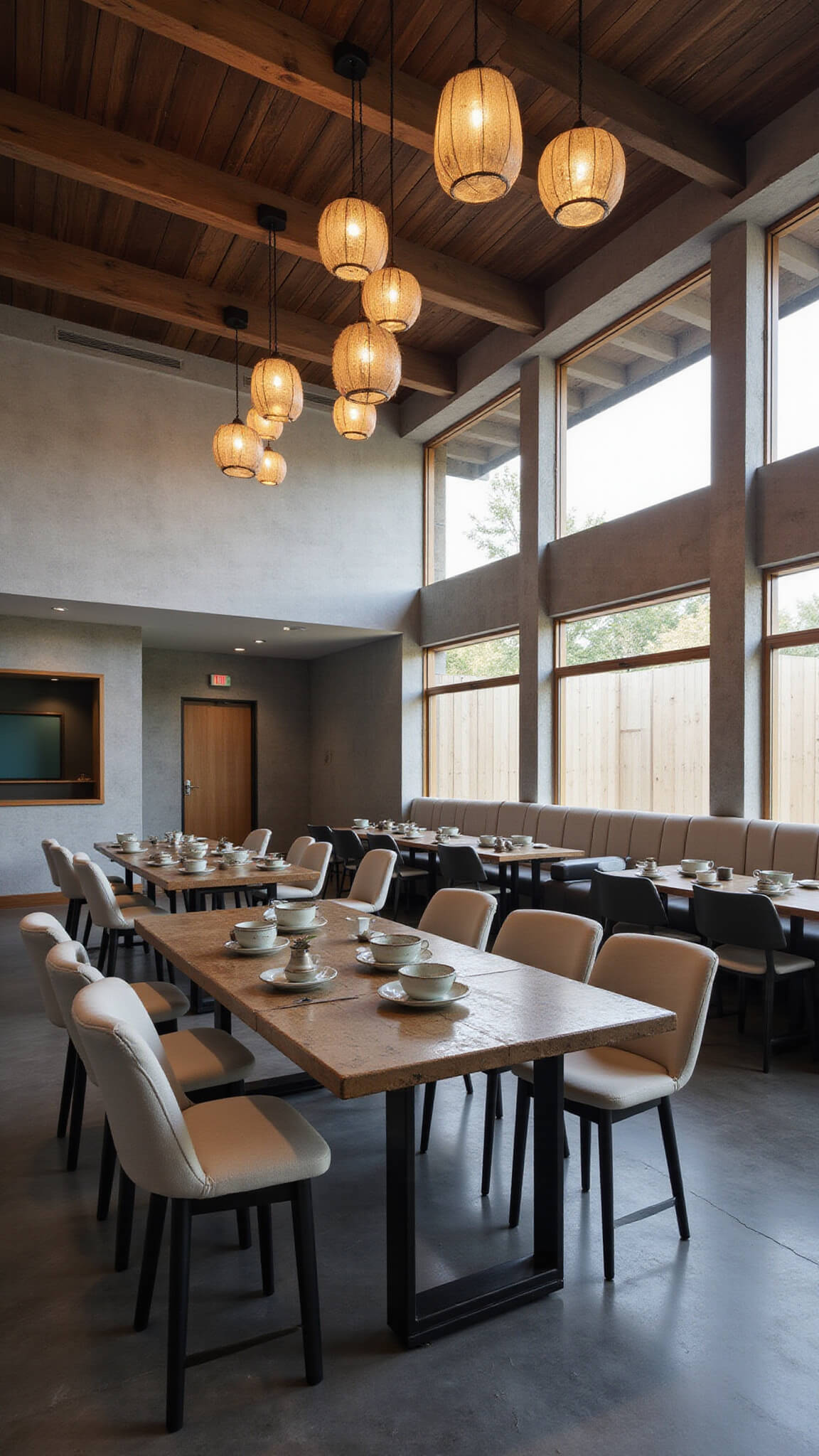 Twilight view of a modern 20x40ft dining hall with double-height ceilings, exposed wooden beams, mixed lighting from paper lanterns and pendant lights, minimalist tables with ceramic ware on oxidized metal, and textures of stone, concrete, and raw silk in a neutral palette.