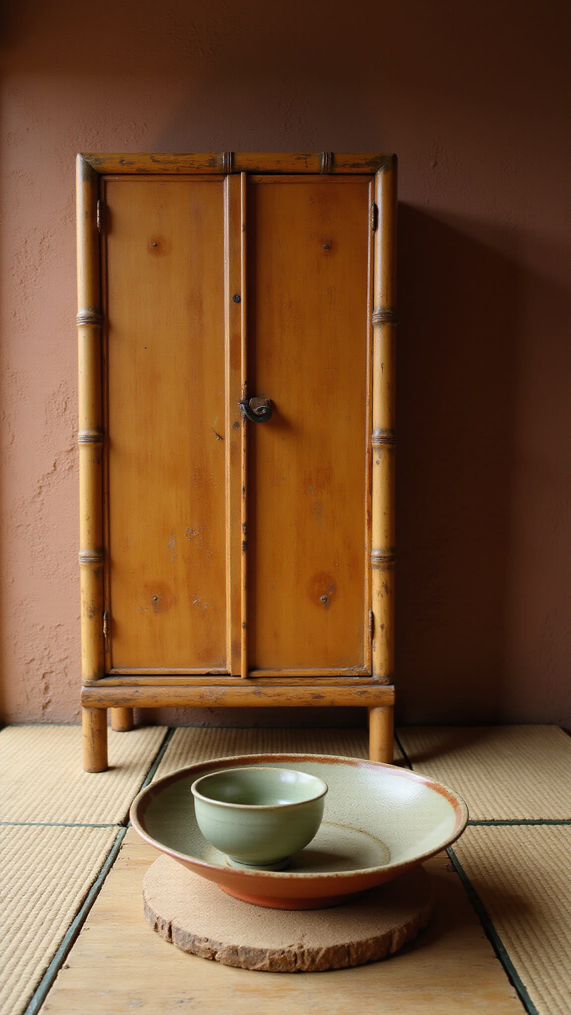 Serene tea ceremony corner with bamboo cabinet, tatami flooring, low wooden table, and kintsugi pottery in warm morning light.