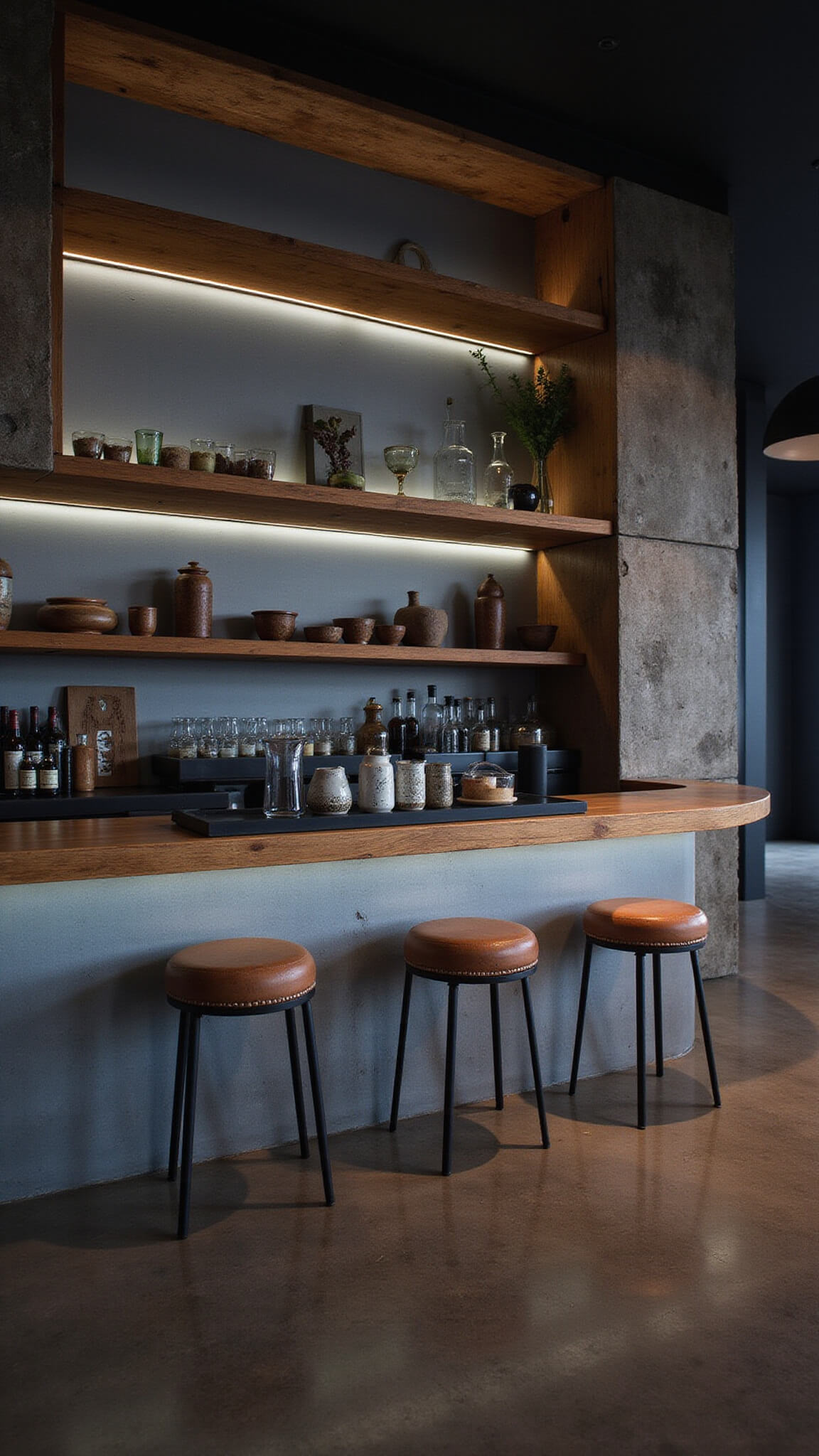 Atmospheric 30x35ft bar at blue hour with curved concrete bar, reclaimed wood top, vintage sake vessels, handmade cups on wooden shelves, moody uplighting, and natural materials in gray, copper, and deep wood tones.