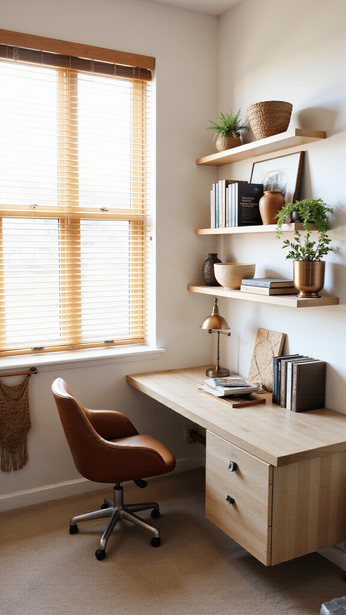Creative workspace corner with white oak floating desk, vintage leather chair, open shelves displaying ceramics and art books, mid-afternoon light through wood blinds, and accents in brass, deep olive, and warm textiles.