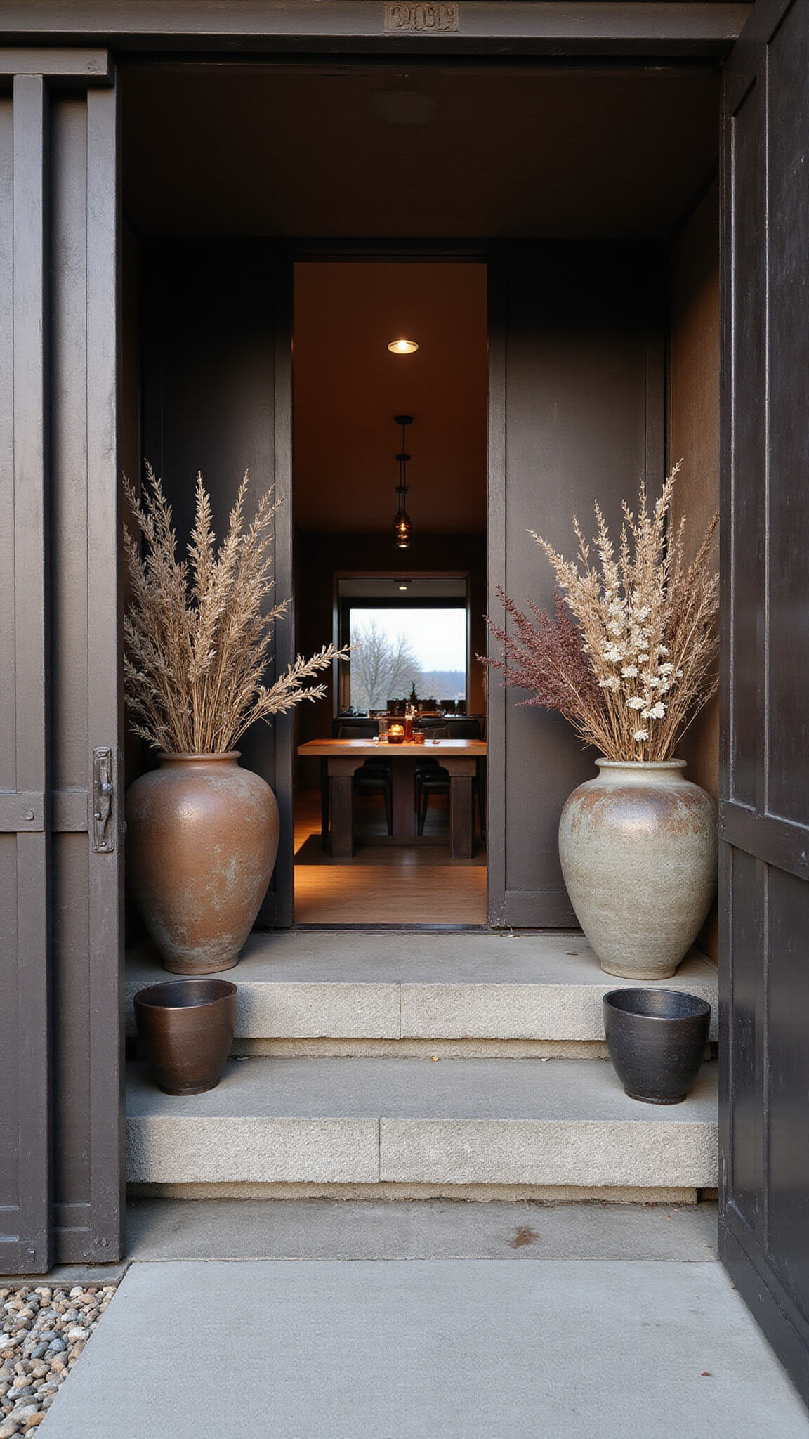 Contemporary entrance foyer at dusk with distressed metal sliding doors, stone pathway, asymmetrical ikebana in aged vessels, and warm interior lighting.