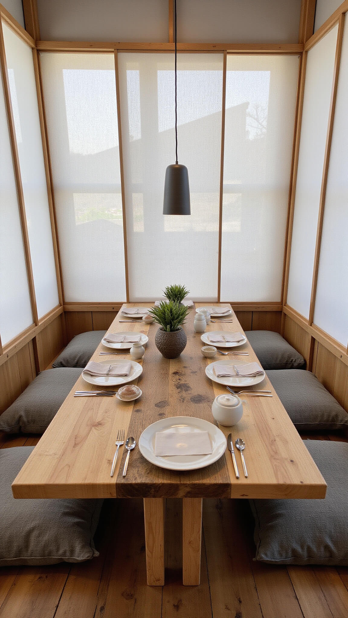 Aerial view of Zen-inspired 18x22ft private dining pod with asymmetrical floor cushions and central river-worn wood table, surrounded by rice paper screens with soft ambient light.