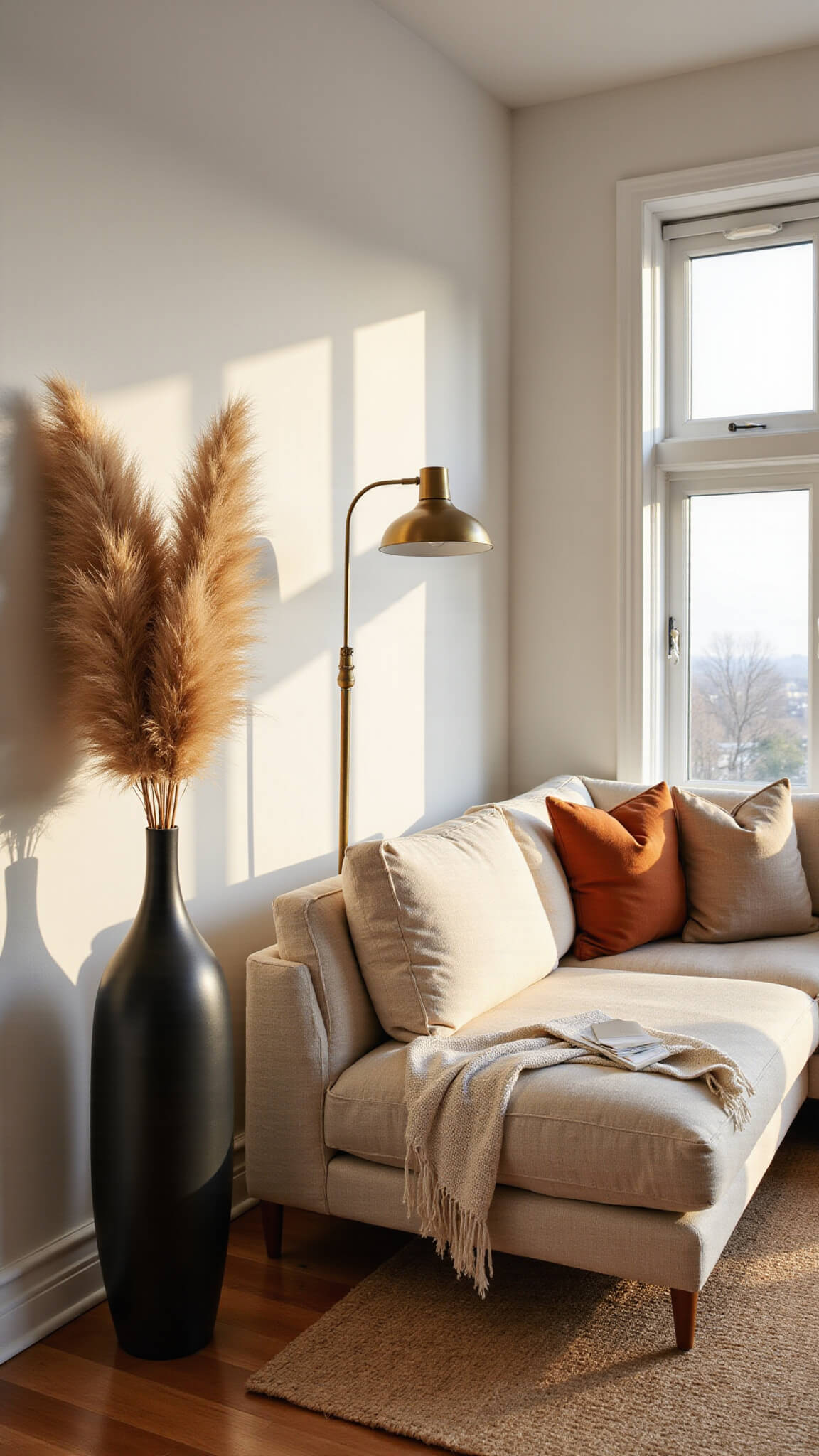 Modern minimalist living room with cream bouclé sectional, rust and oatmeal pillows, jute rug, pampas grass in black vase, and golden hour light streaming through large west-facing windows.