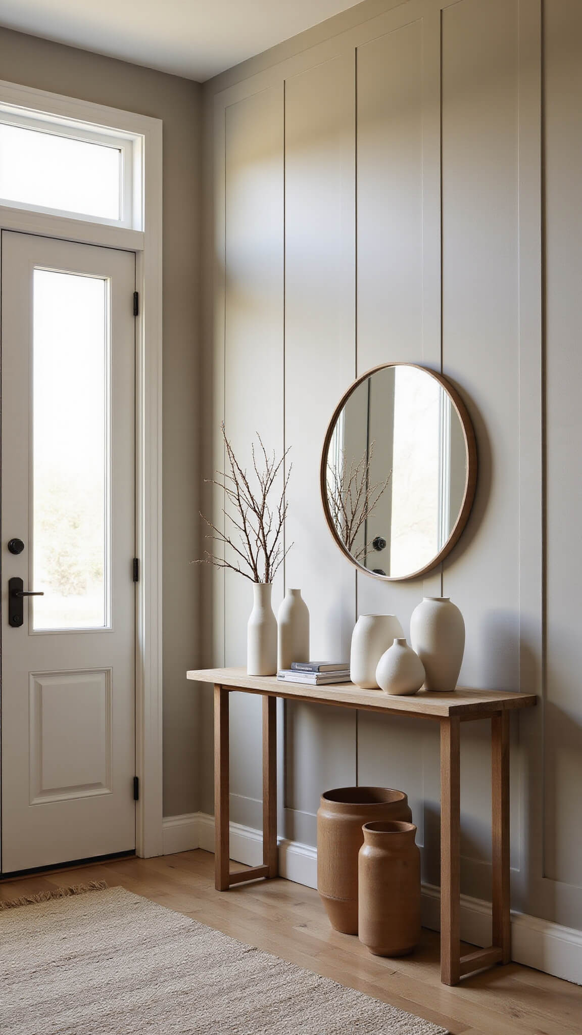 Warm greige board and batten entryway with oak console table, white ceramic vessels, dried oak branch, round mirror, and ivory coffee-toned runner.