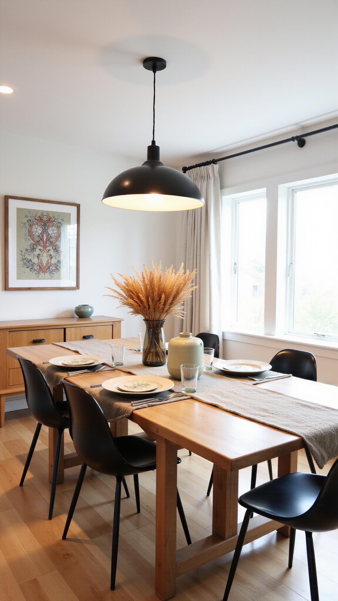 Modern 12x14ft dining room with oak table, ceramic plates, dried wheat centerpiece, ghost chairs, and warm pendant lighting.