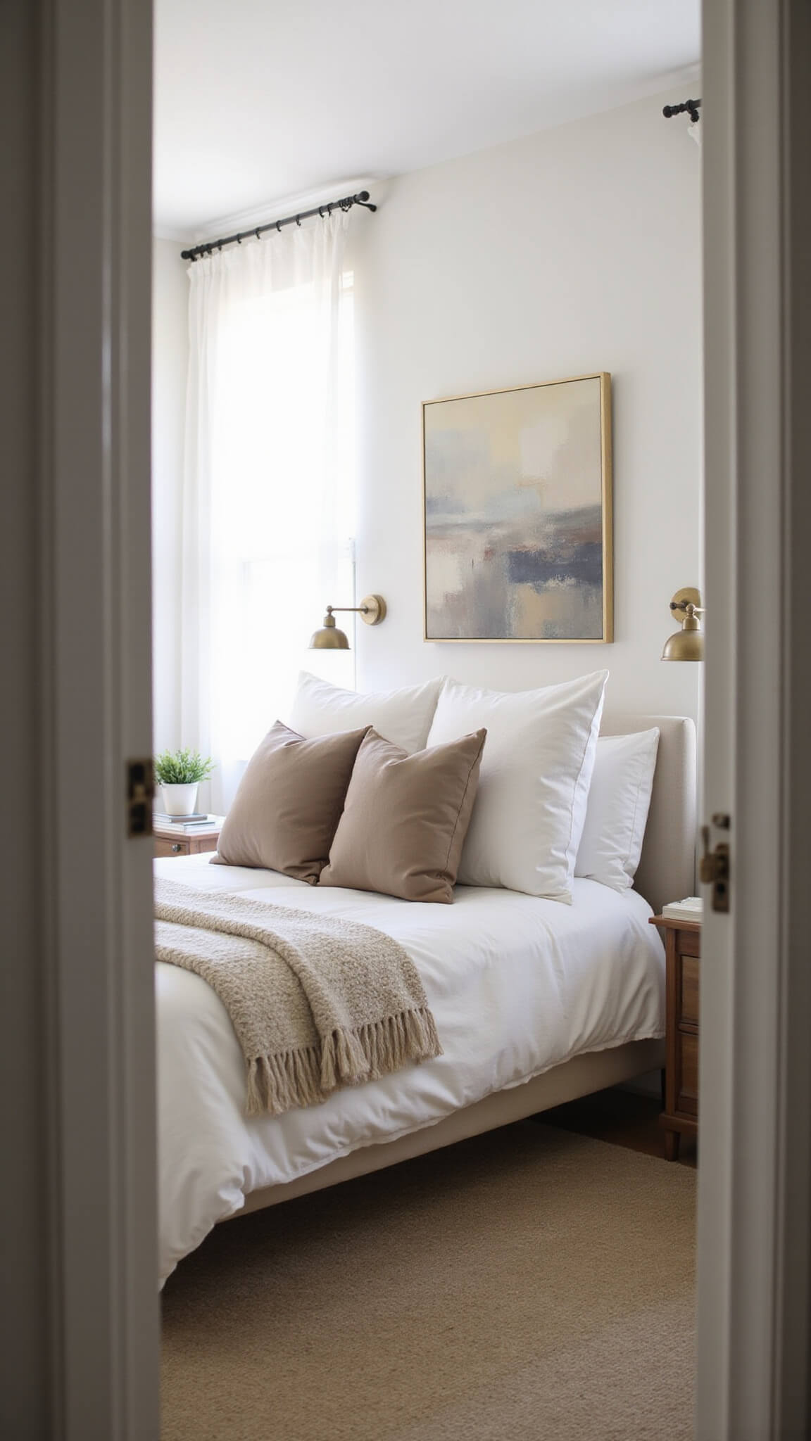Cozy 14x16ft bedroom with layered neutral bedding, sheer drapes filtering morning light, abstract wall art, and minimalist brass sconces, viewed from doorway.