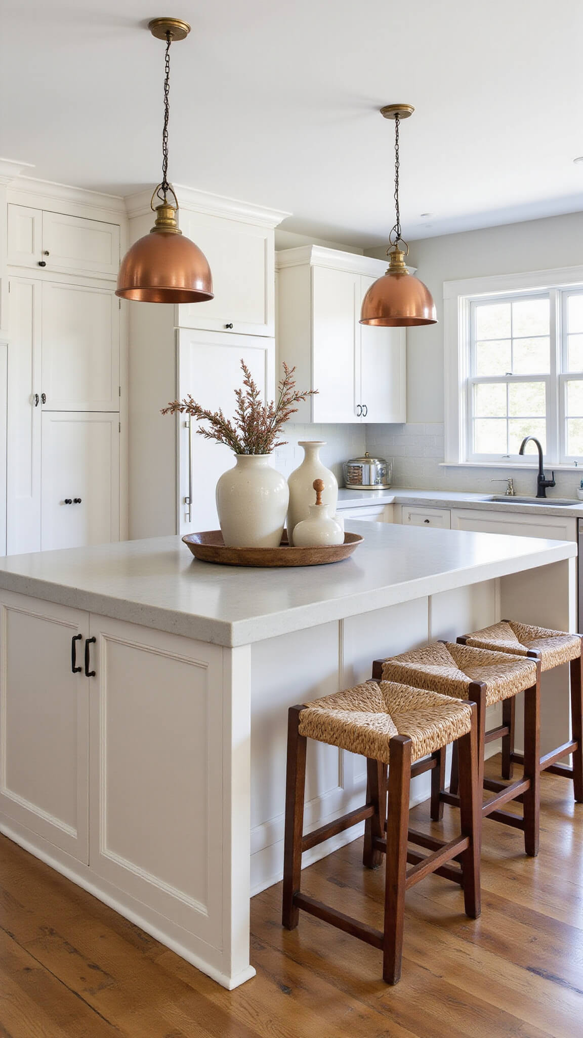 Modern farmhouse kitchen with 10ft island, white oak cabinets, honed soapstone counters, copper pendant lights, woven bar stools, and fall-themed ceramic vessels with dried botanicals.