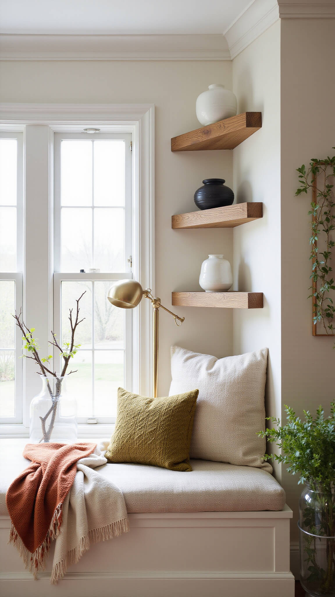 Cozy sunlit bay window reading nook with built-in linen bench, layered textiles, brass floor lamp, glass vase with branch, and floating shelves displaying pottery.