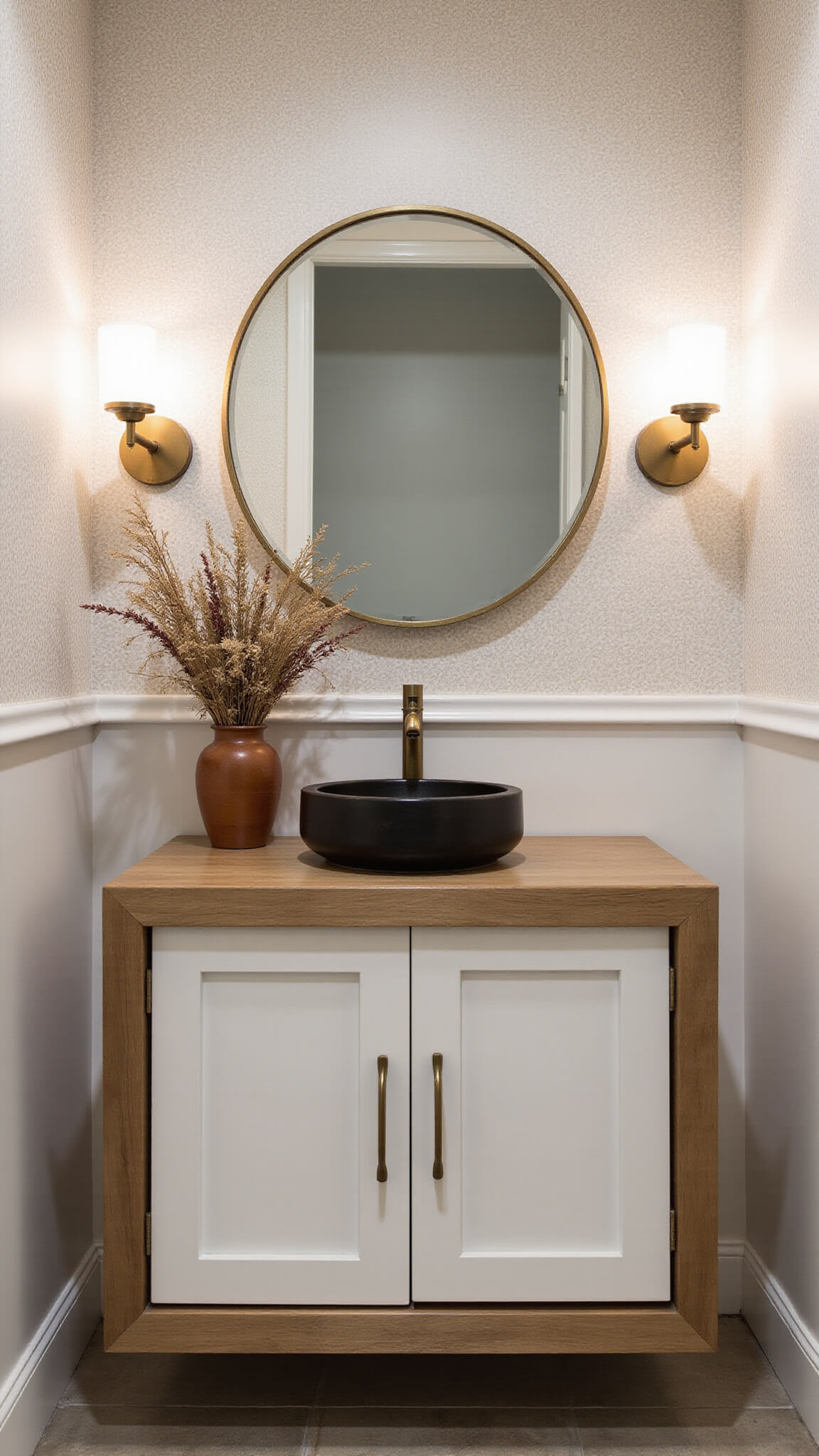 Modern powder room with botanical wallpaper, floating bleached oak vanity, vessel sink, dried florals in earthenware vase, aged brass fixtures, and oversized round mirror with warm, dramatic lighting.