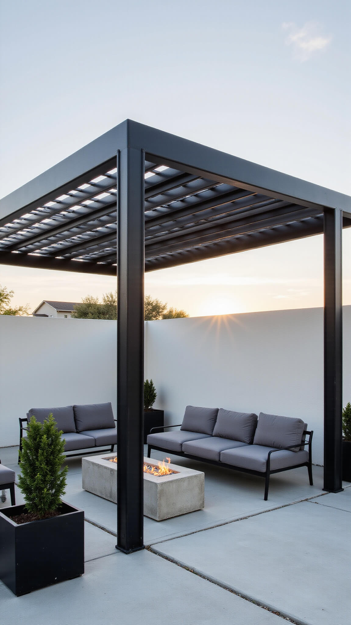 Modern minimalist pergola with matte black aluminum frame, grey modular seating, and concrete fire table, framed by geometric planters, bathed in golden hour light.