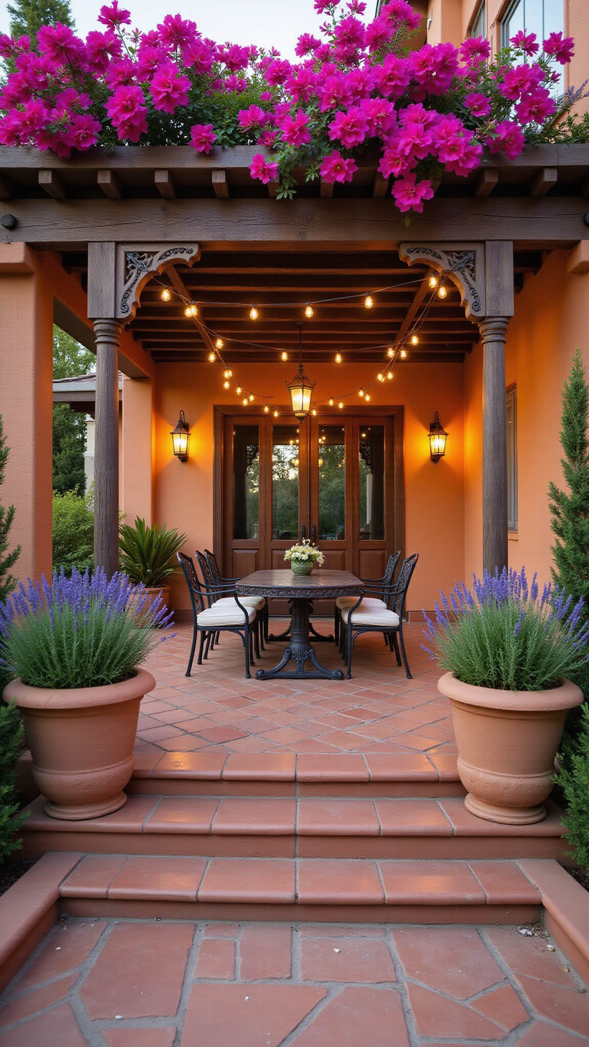 Mediterranean patio with wooden pergola, bougainvillea, wrought iron dining set, terracotta tiles, and potted herbs in warm evening light.