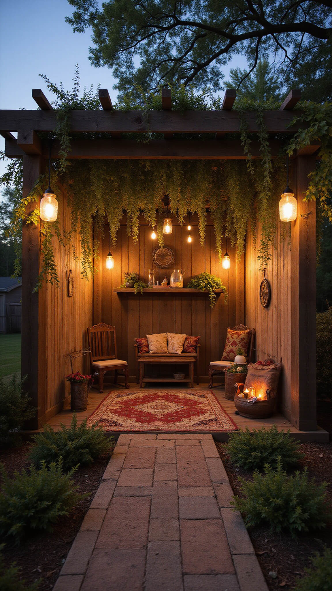 Rustic evening pergola with mason jar lights, vintage furniture, layered tribal rugs, and glowing lanterns under wisteria.