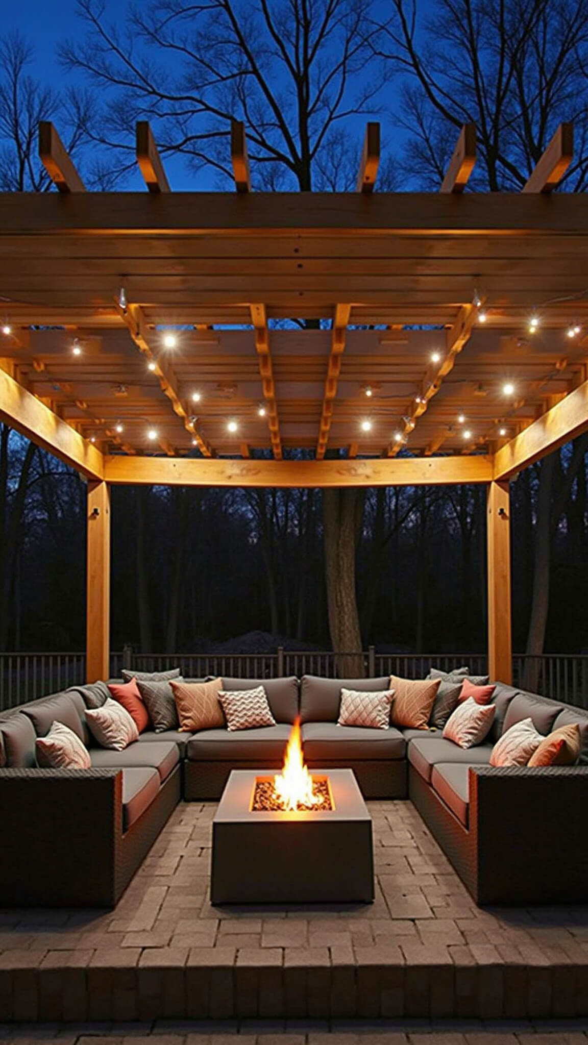 Cozy winter pergola at twilight with warm lighting, faux fur accents, modern fire pit, and cedar structure under retractable canvas cover.