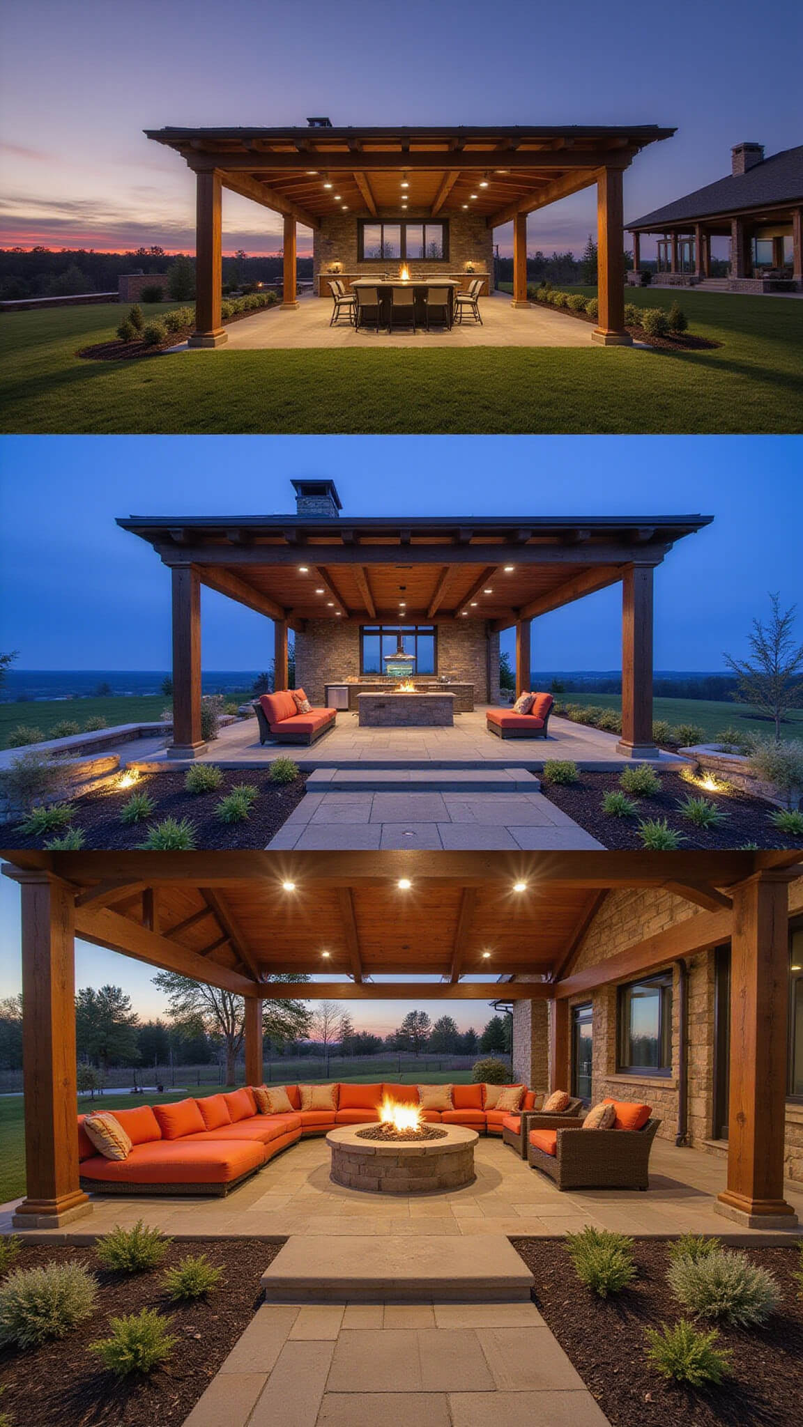 Luxury pergola at sunset with hardwood structure, motorized louvers, built-in lighting, fire feature, outdoor kitchen, and resort-style seating.