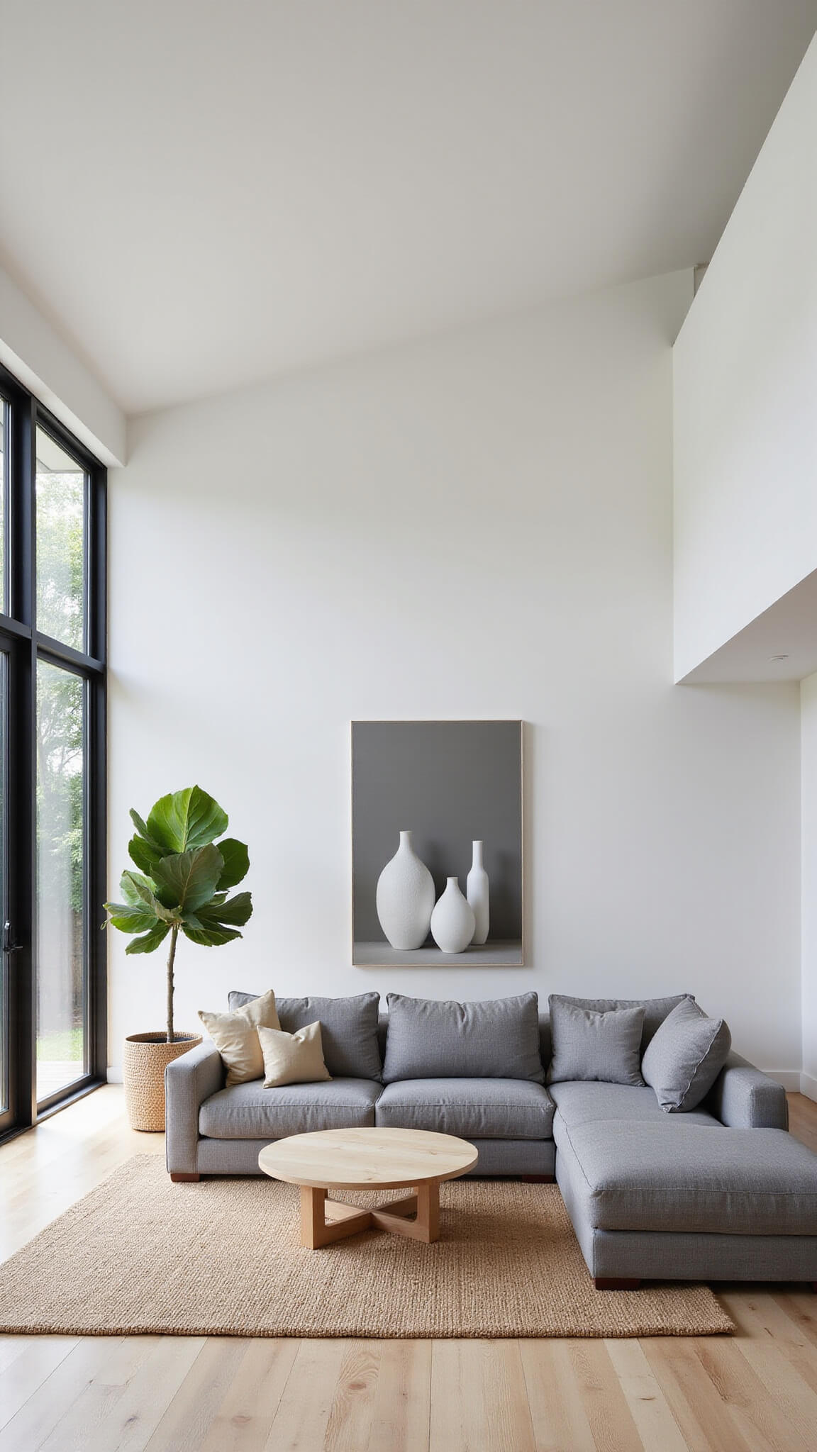 Modern minimalist 400 sq ft guest house interior with open-concept layout, gray linen sectional, floor-to-ceiling black-framed windows, white oak floors, and natural morning light creating shadows across minimal decor.
