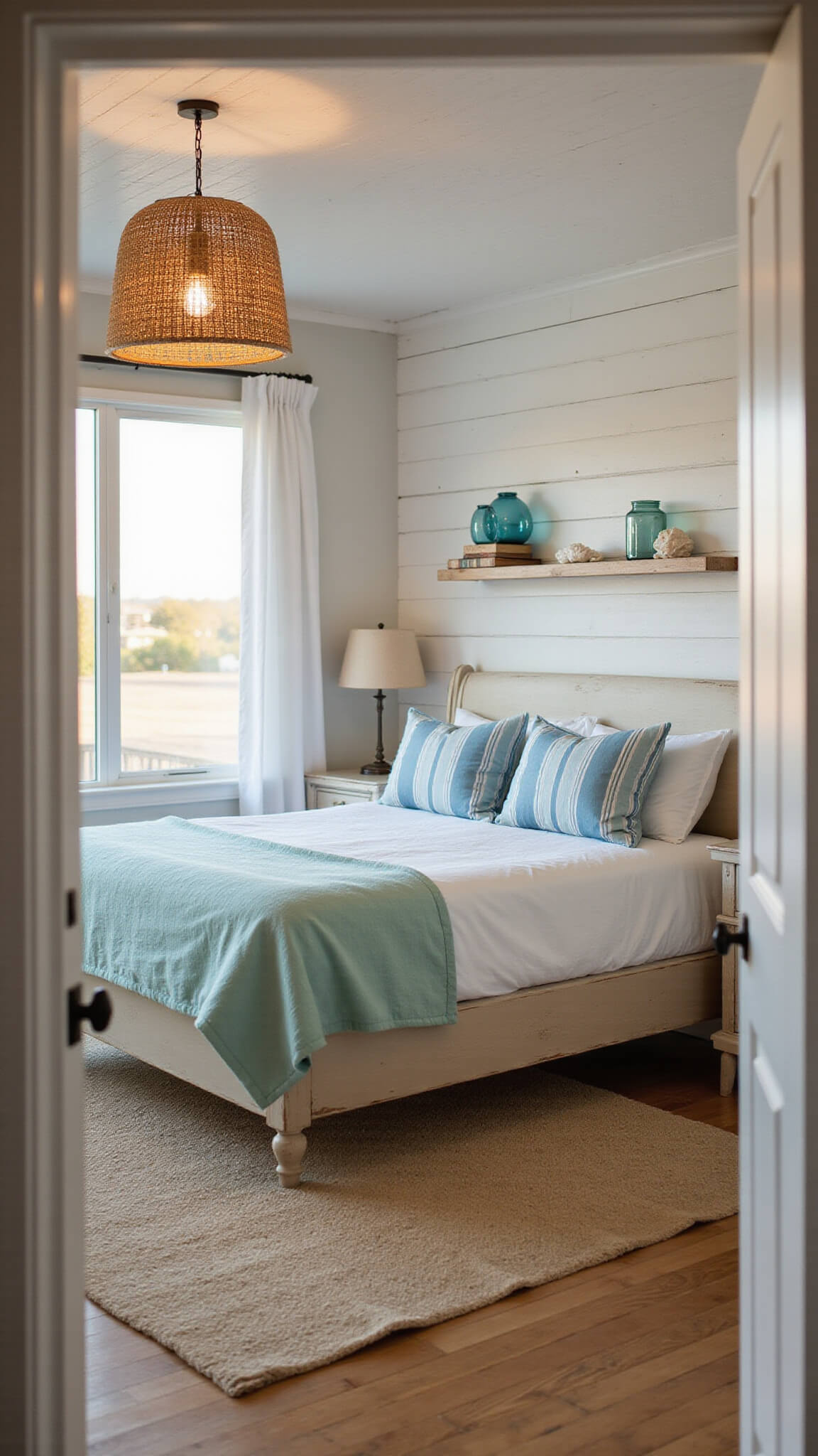 Coastal guest house interior at golden hour with seafoam green bedding, shiplap walls, rattan pendant light, and fluttering white curtains.