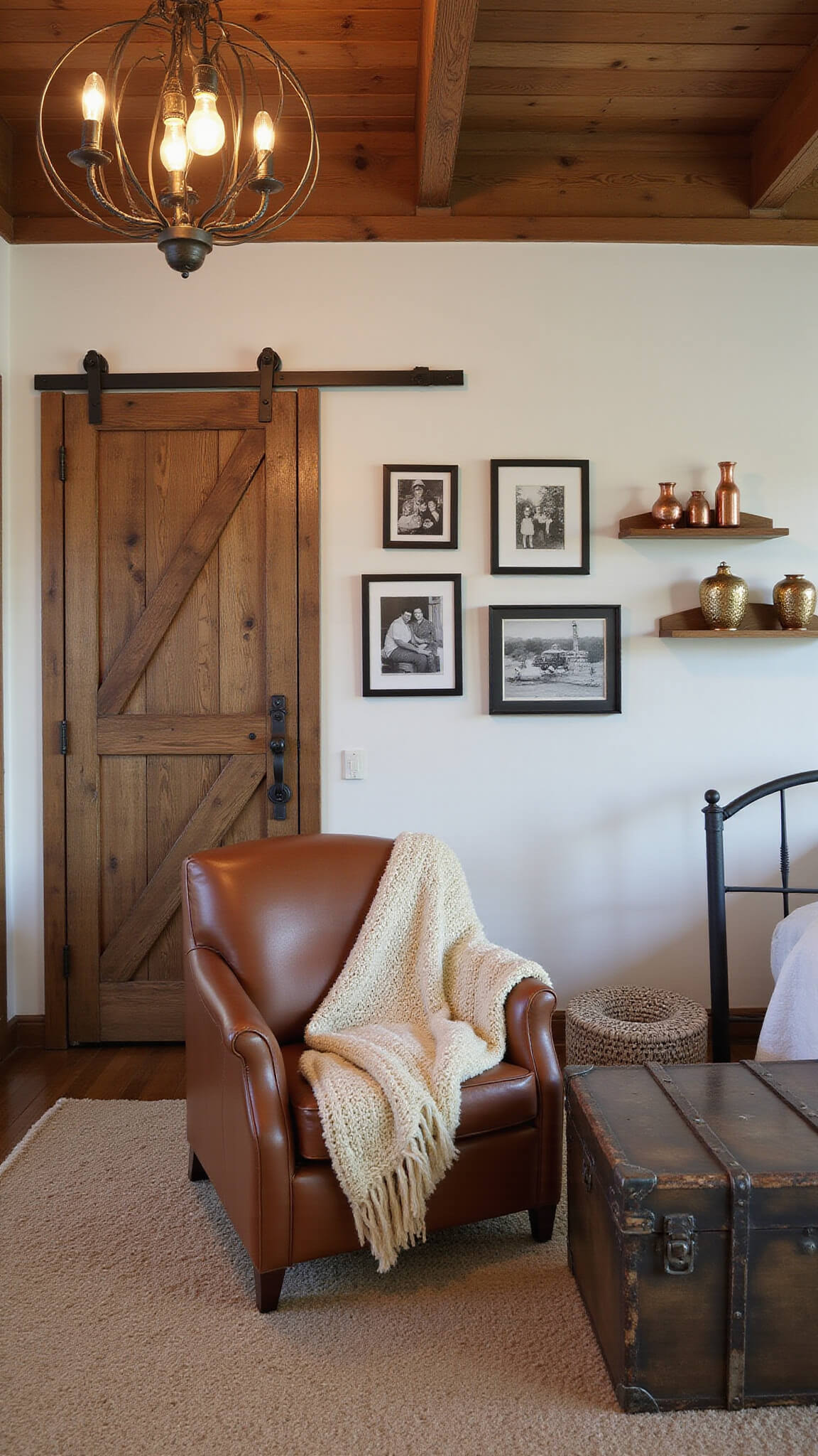 Farmhouse chic guest suite at dusk with exposed beams, vintage leather armchair, iron bed, barn door, and warm Edison lighting.