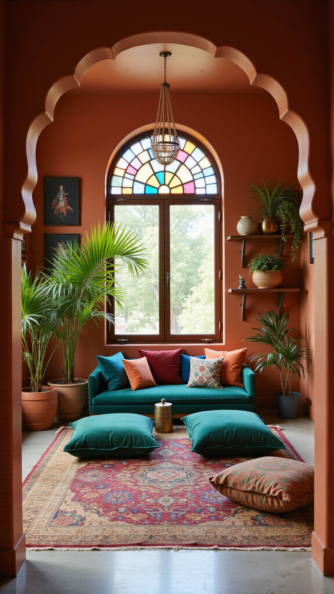 Bohemian-style room with Moroccan archways, jewel-toned floor cushions, vintage Persian rug, brass lanterns, macramé planters, tropical plants, and textured terra cotta walls in late afternoon light.