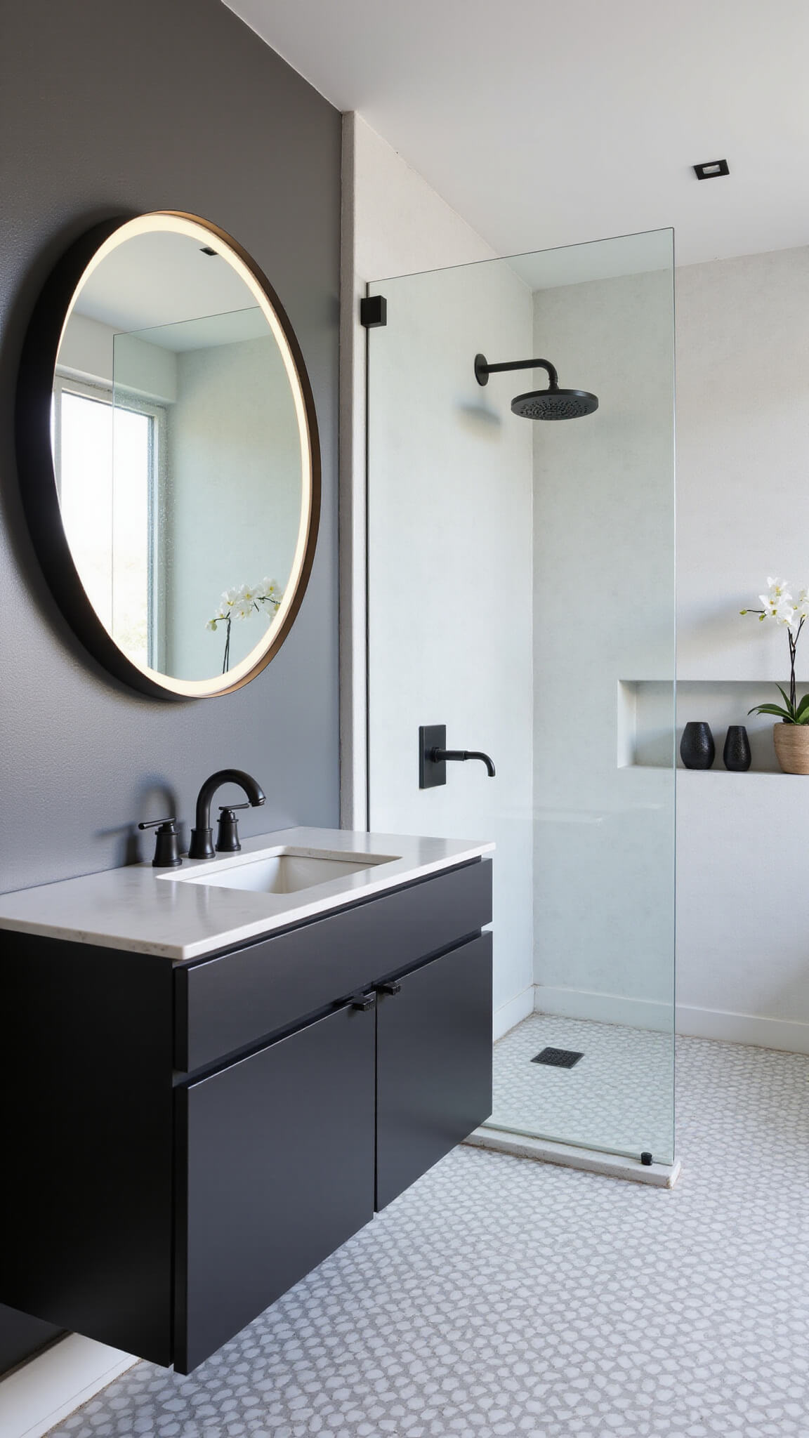 Minimalist guest bathroom with floating black vanity, waterfall quartz counter, circular LED mirror, geometric gray and white floor tiles, glass shower, and matte black fixtures.