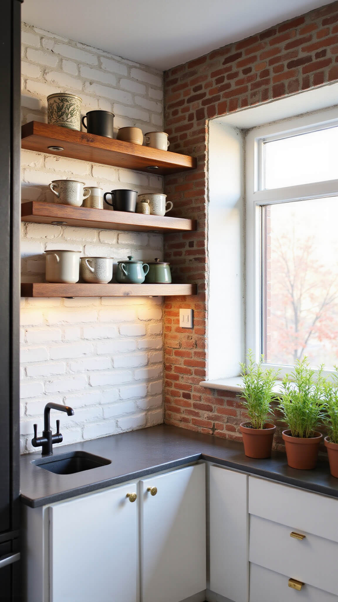 Sunset-lit modern farmhouse kitchenette with concrete countertop, black faucet, reclaimed wood shelves, and artisanal pottery.