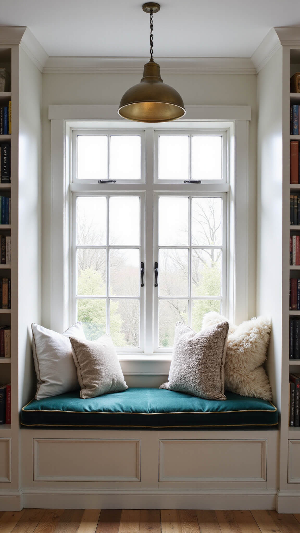 Cozy reading nook with green velvet window seat, layered pillows, pendant light, bookshelves, and vintage ladder in soft afternoon light.