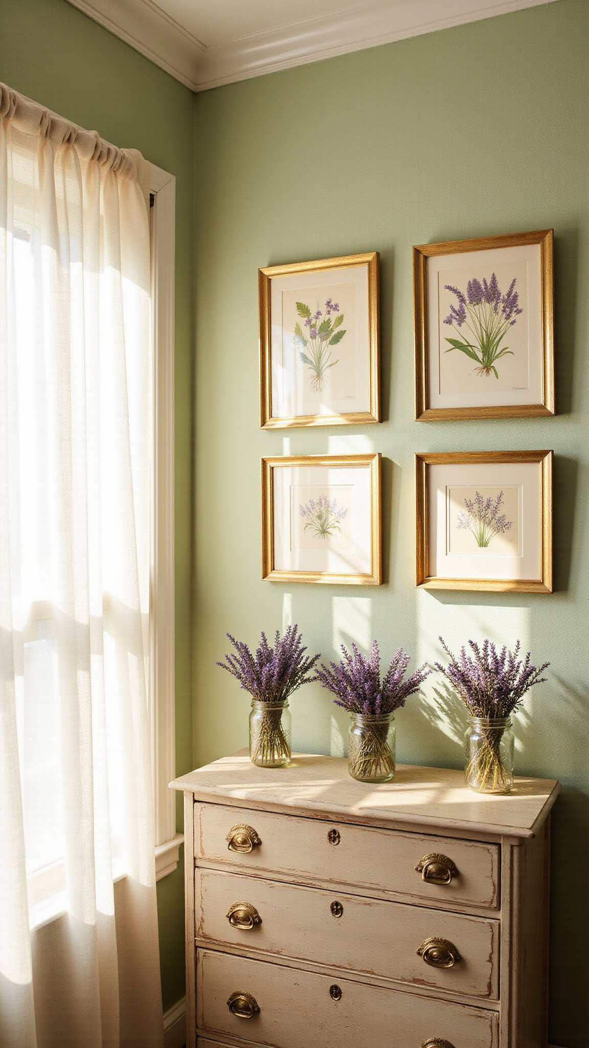 Sunlit bedroom corner with vintage decor, sage green walls, and golden hour light highlighting botanical prints, dried lavender, and dust particles in warm shadows.