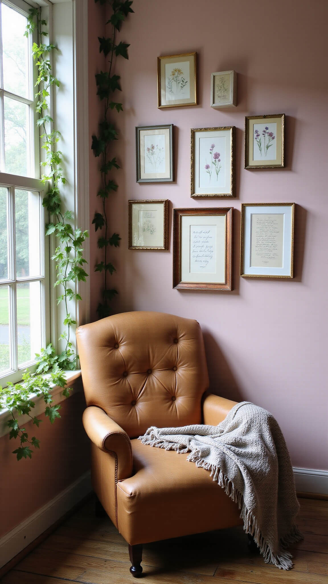 Cozy 8x10ft reading nook with vintage frames of pressed wildflowers and poetry on blush pink walls, worn leather chair with knitted throw, and soft morning light through ivy-adorned windows.