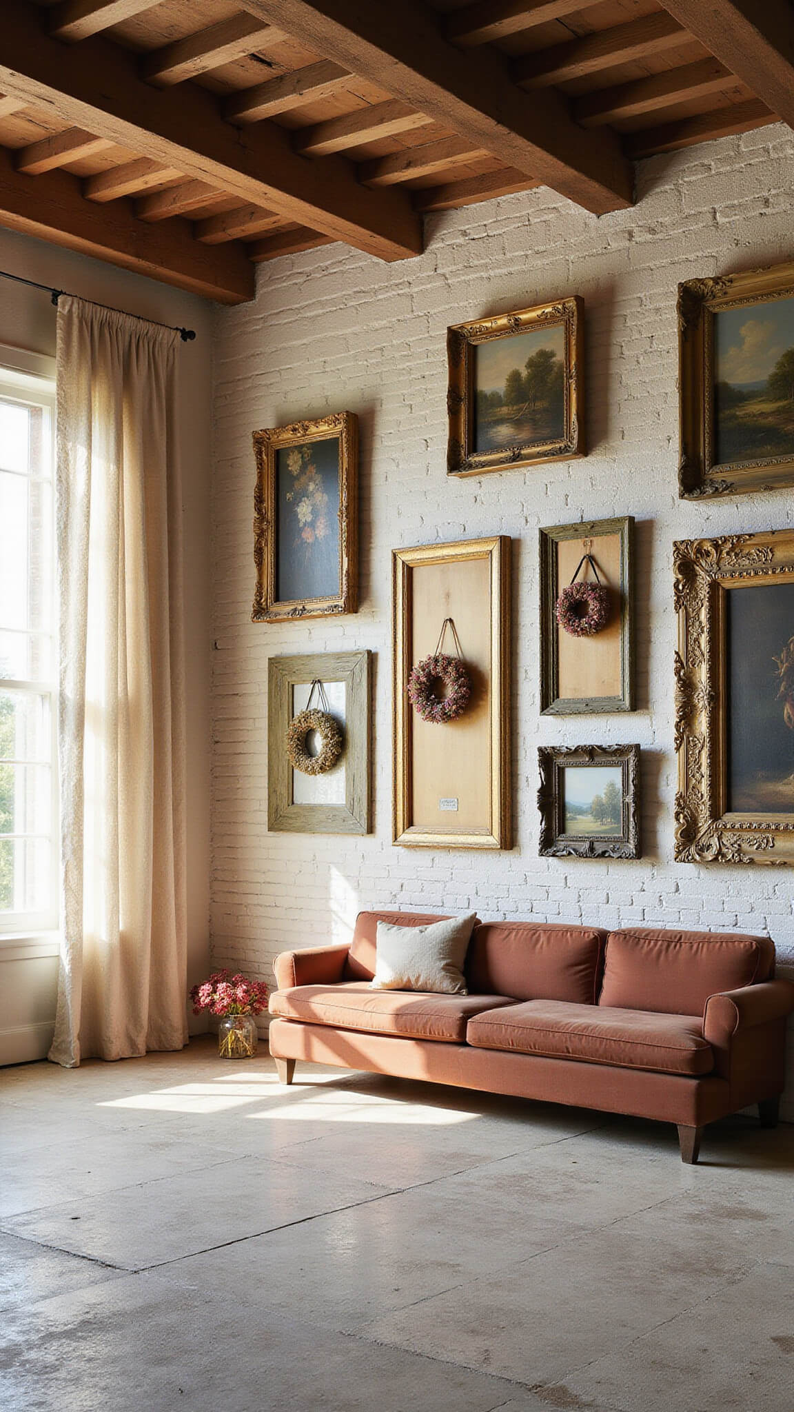 Cozy 15x18ft living room with exposed wooden beams, white-washed brick, lace-curtained windows, and a dramatic floor-to-ceiling gallery wall of antique mirrors, oil paintings, and dried flower wreaths in ornate frames.