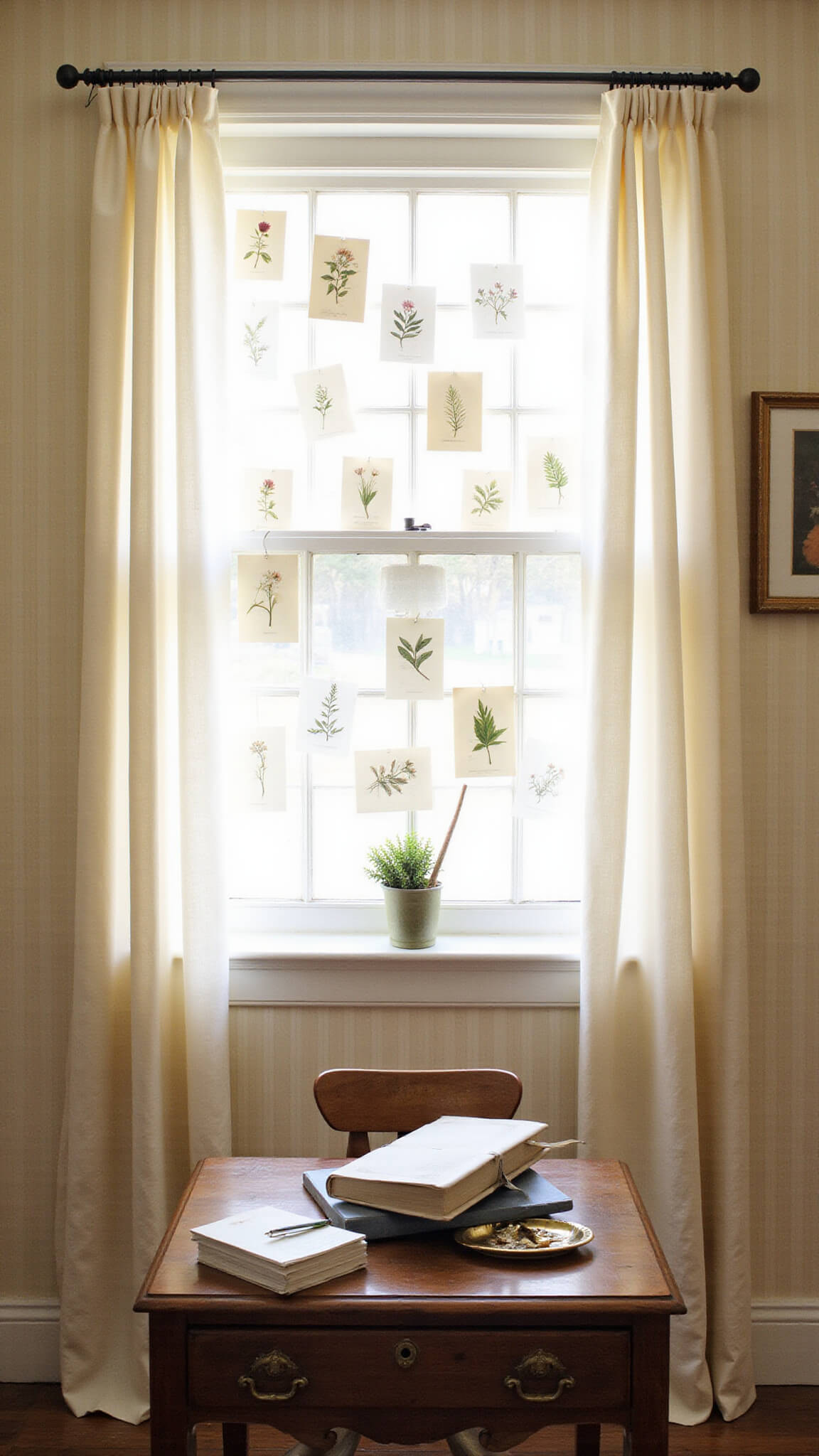 Cozy 10x12ft vintage-inspired home office with antique desk, botanical illustrations, and warm cream striped walls softly lit by northern light through cafe curtains.