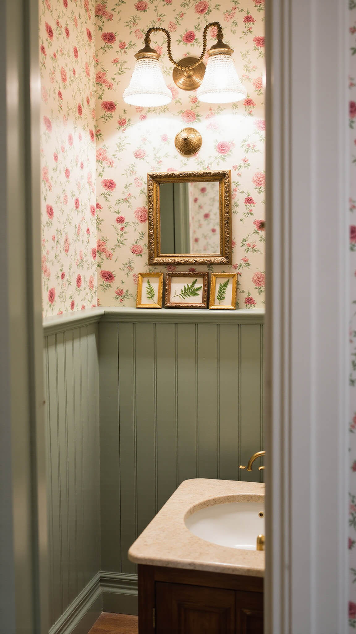 Charming 6x8ft powder room with sage green wainscoting, rose-patterned floral wallpaper, crystal sconces, gilt frames with pressed ferns and postcards, aged brass mirror, and marble countertop.