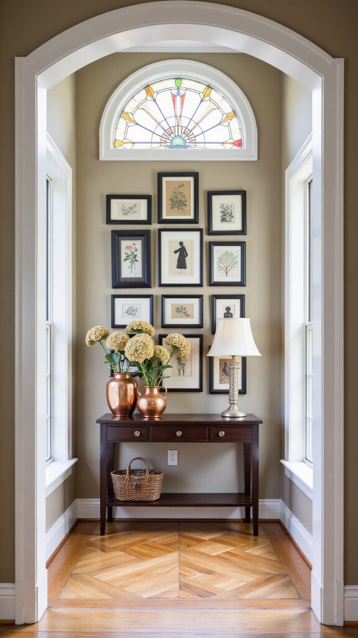 Warm greige entryway with herringbone wood floors, archways, and colorful stained glass reflections; gallery wall with black-framed heirlooms; antique console with dried hydrangeas in copper vases.