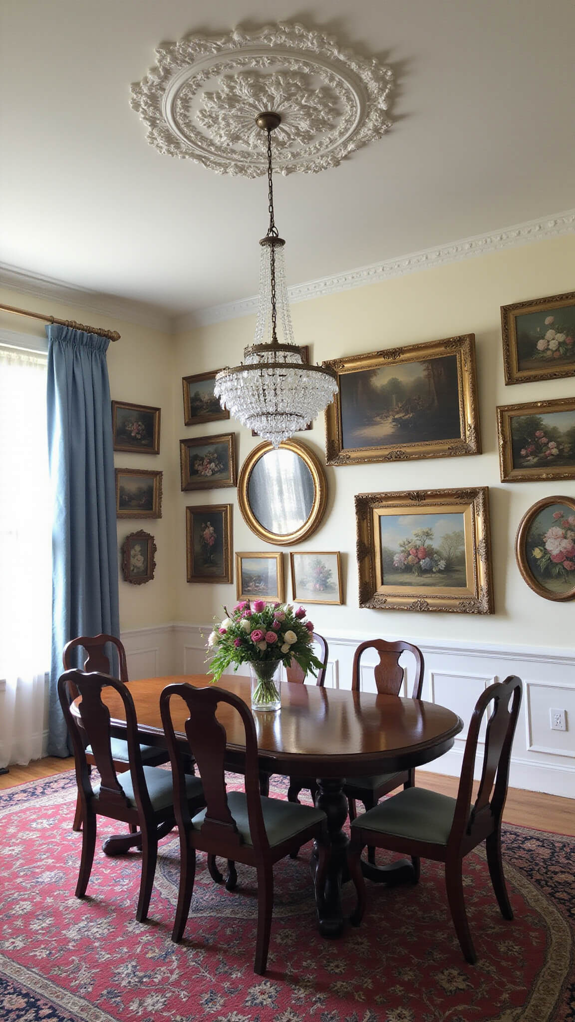 Elegant 14x16ft dining room with bay windows, plaster ceiling medallion, crystal chandelier, and gallery wall of vintage art in gold frames; cream and dusty blue tones with antique dining set and fresh flowers.