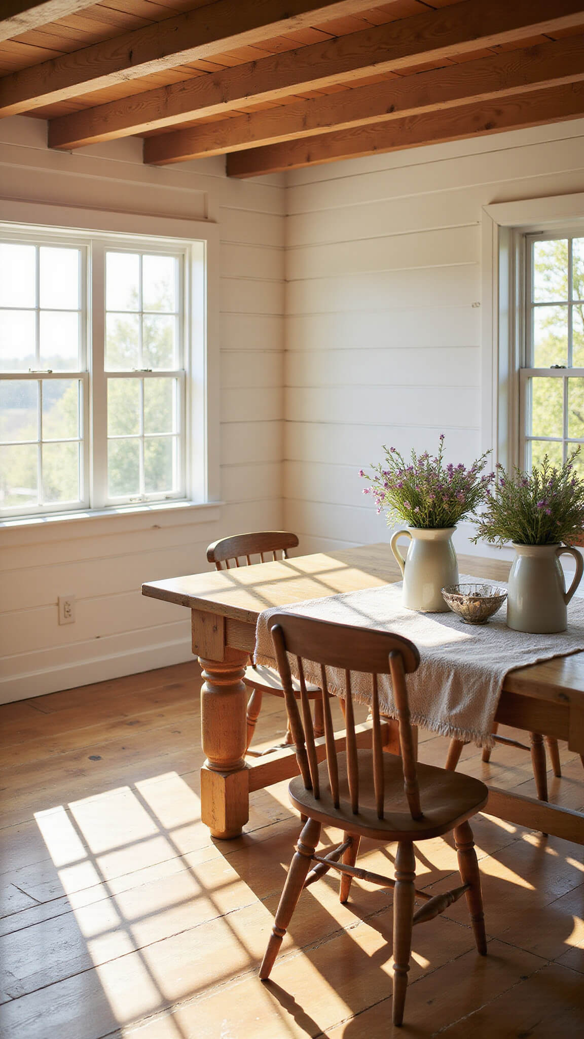 Sunlit open-concept kitchen-dining space with farmhouse table, white shiplap walls, exposed beams, and golden hour light filtering through vintage glass windows.