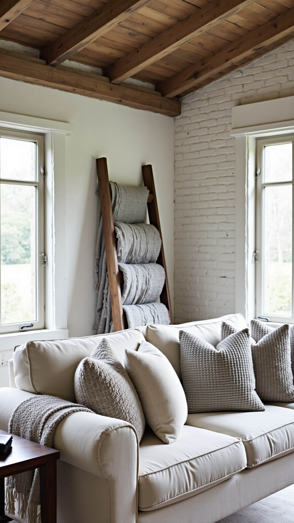 Cozy early morning living room with cathedral ceiling, linen sofa, hand-knit throws, and vintage ladder against whitewashed brick.