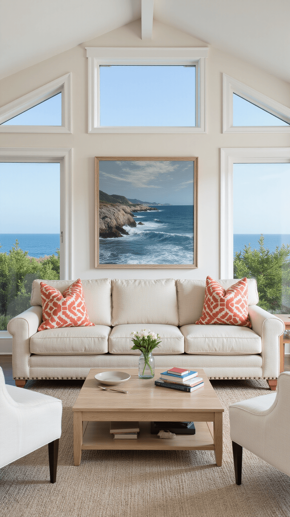 Coastal great room with ocean views, twin cream sofas, bleached teak coffee table, coral pillows, and large seascape art in bright natural light.