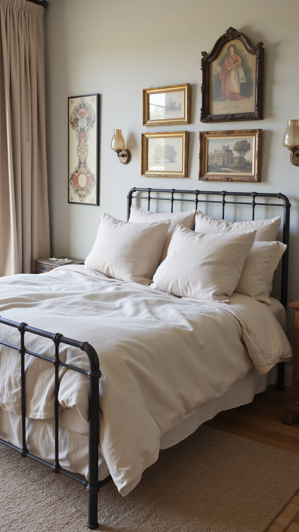 Cozy 16x20ft master bedroom at dusk with an iron bed, rumpled ivory and wheat linen bedding, antique wall decor, warm mercury glass lamp glow, and Belgian linen drapes filtering soft light.