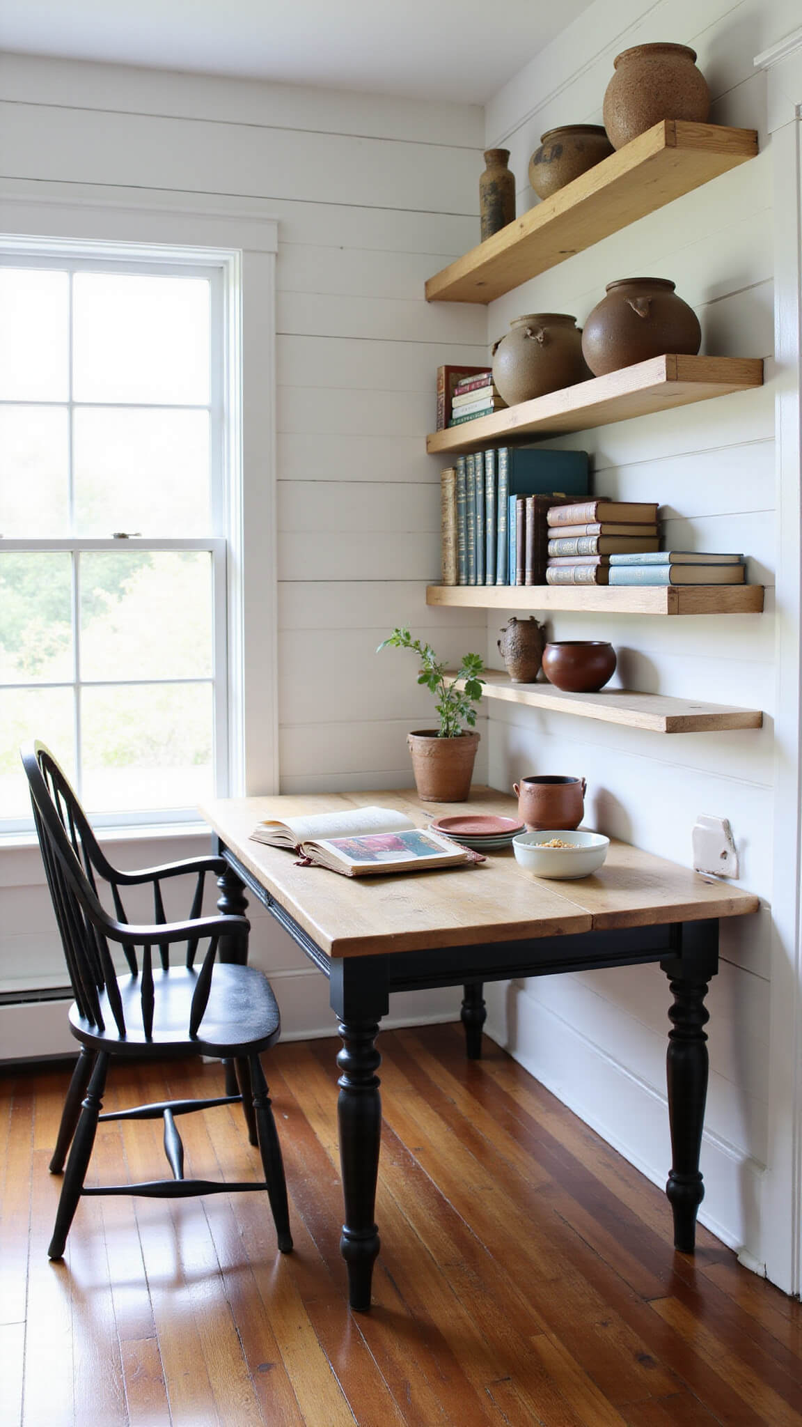 Cozy 10x12ft home office with vintage farm table desk, black Windsor chair, open shelves displaying earthenware and books, against white shiplap walls in morning light.
