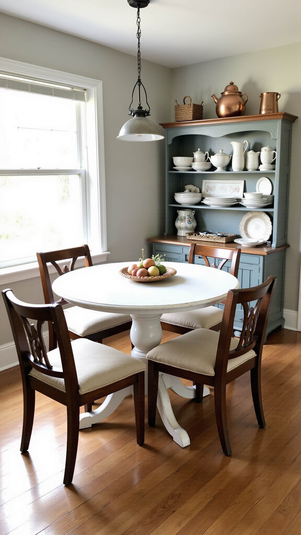 Cozy 14x16ft breakfast nook with round white pedestal table, mixed wood chairs with grain sack cushions, and vintage baker's rack displaying ironstone and copper accents in warm morning light.