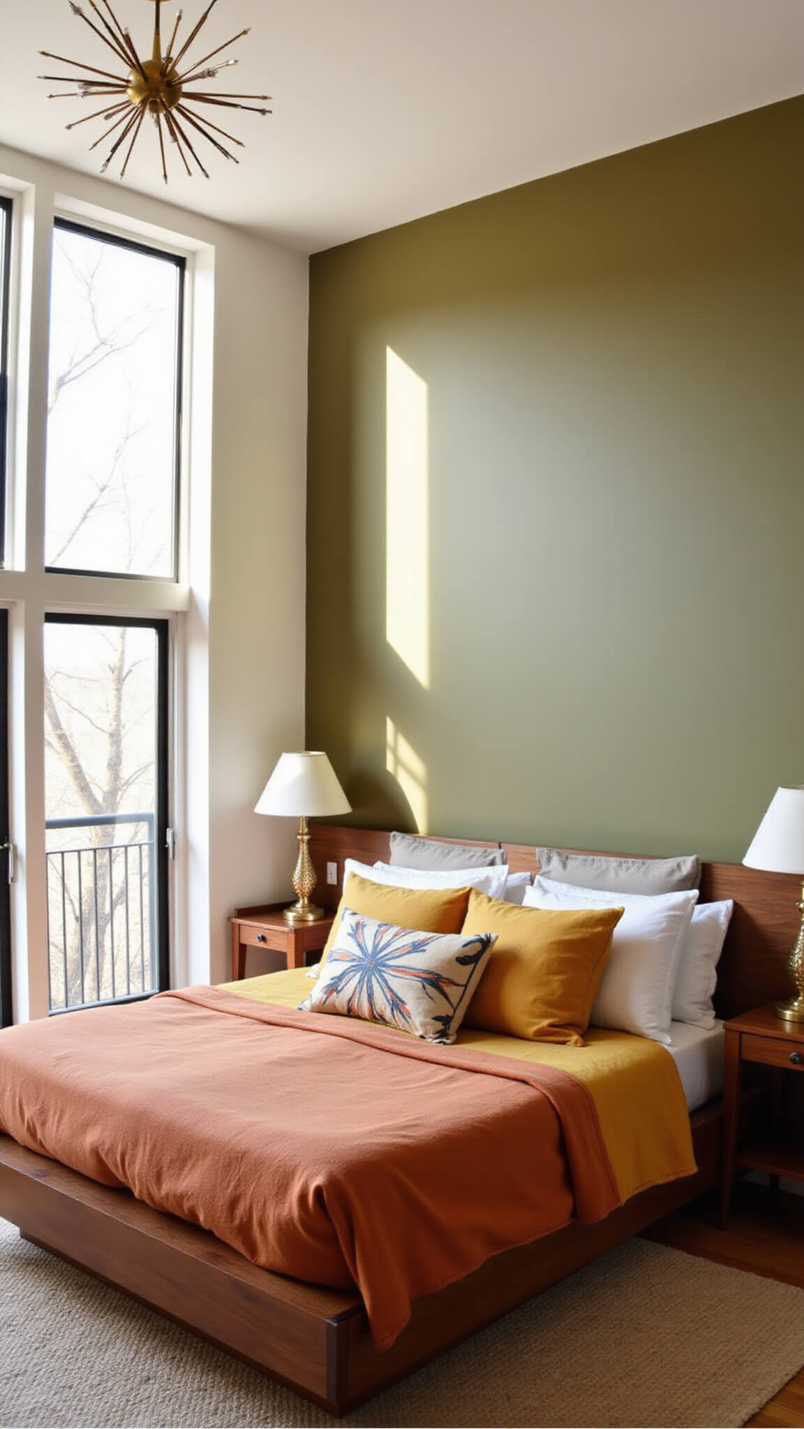 Mid-century modern bedroom with terracotta and mustard bedding, Sputnik chandelier, olive accent wall, and floor-to-ceiling windows flooding space with warm sunlight.