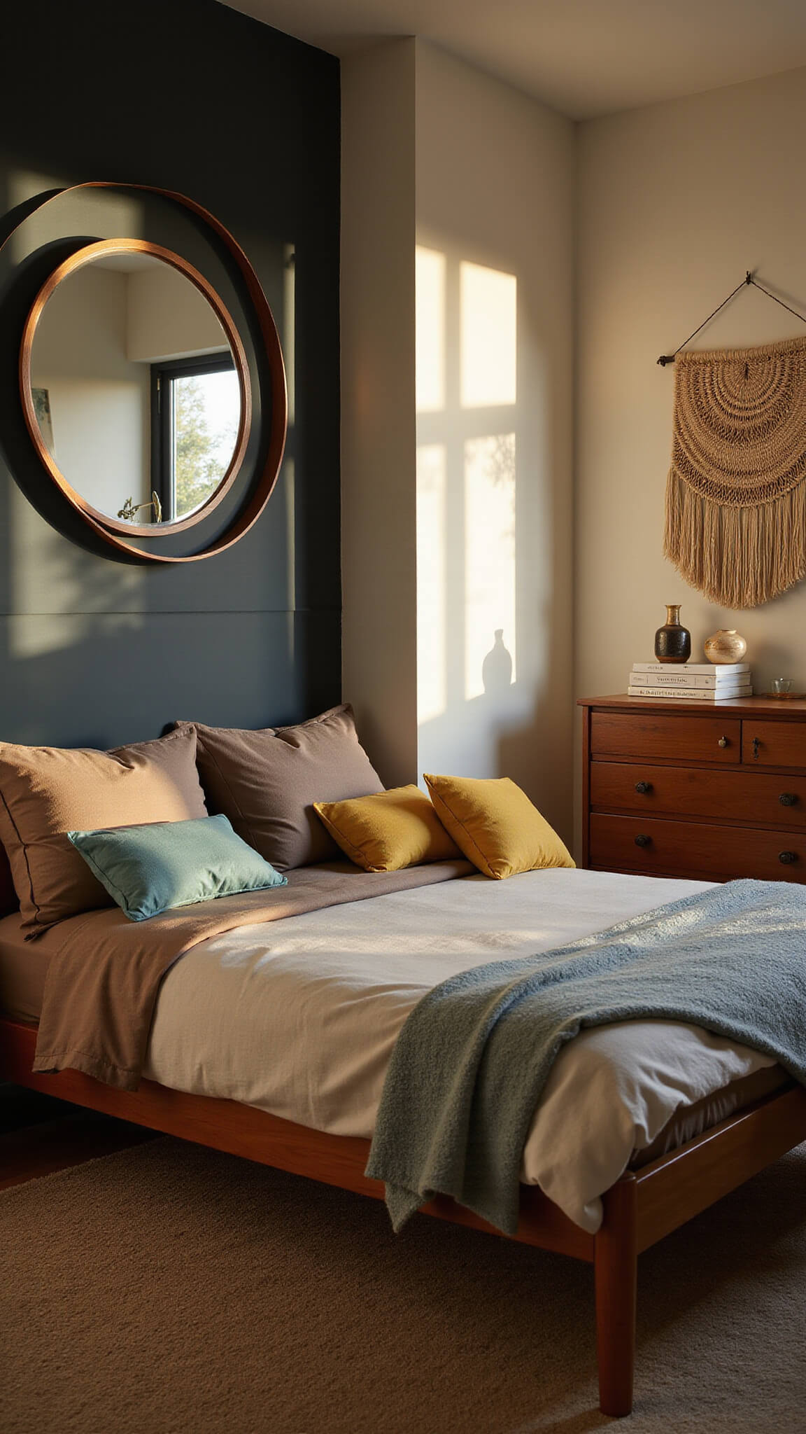 Cozy 10x12ft bedroom at golden hour with teak bed, layered bedding in oat and brown, geometric cushions, Danish modern dresser, circular mirror, and sunlit shadows.