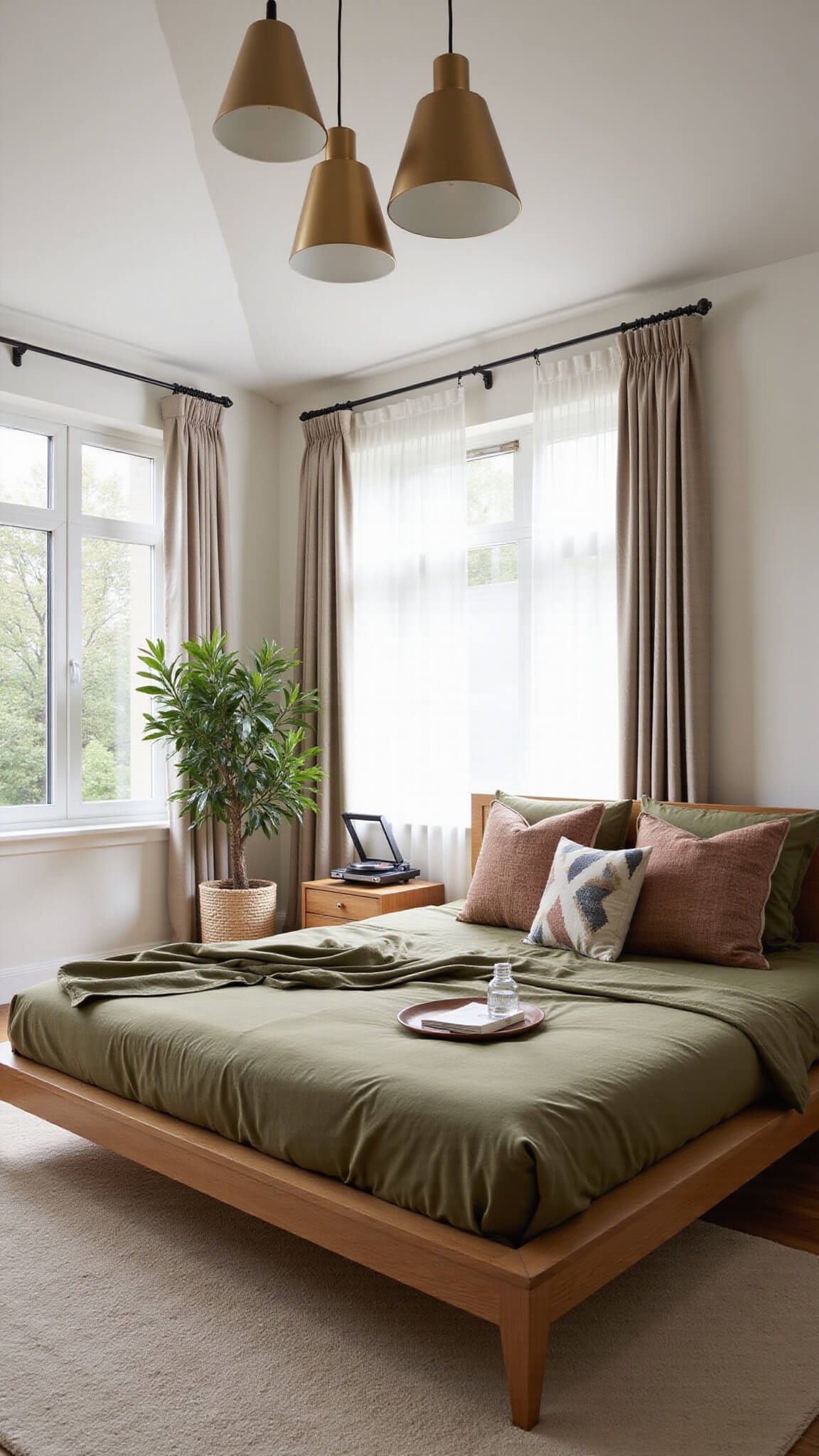Intimate bedroom with vaulted ceiling, oak bed in olive green bedding, pendant lights, sheer curtains, fiddle leaf fig, record player, and brass decor in soft morning light.