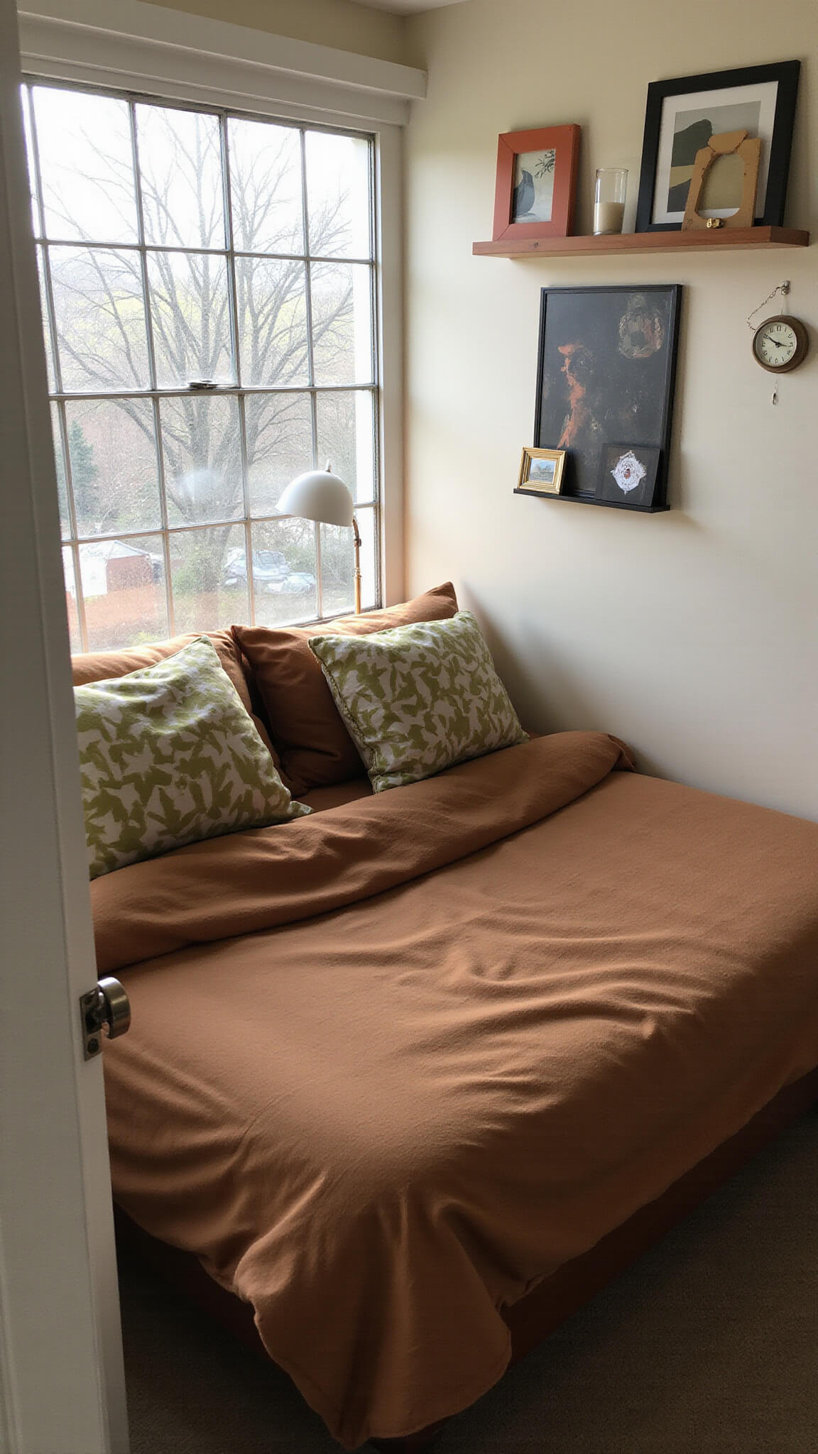 Compact mid-century guest bedroom with low-profile bed, terracotta and oat bedding, geometric pillows, floating nightstand, retro decor, and afternoon light casting grid shadows.