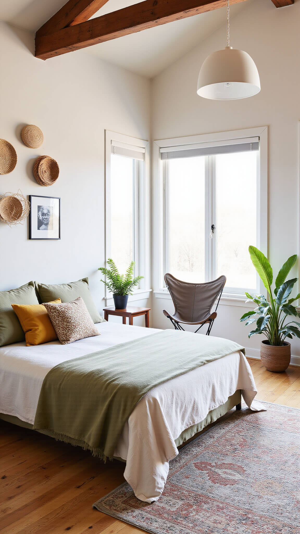 Cozy light-filled bedroom with exposed wooden beams, layered linen bedding in olive and mustard tones, butterfly chair under pendant light, woven wall baskets, vintage rug, and lush plants.