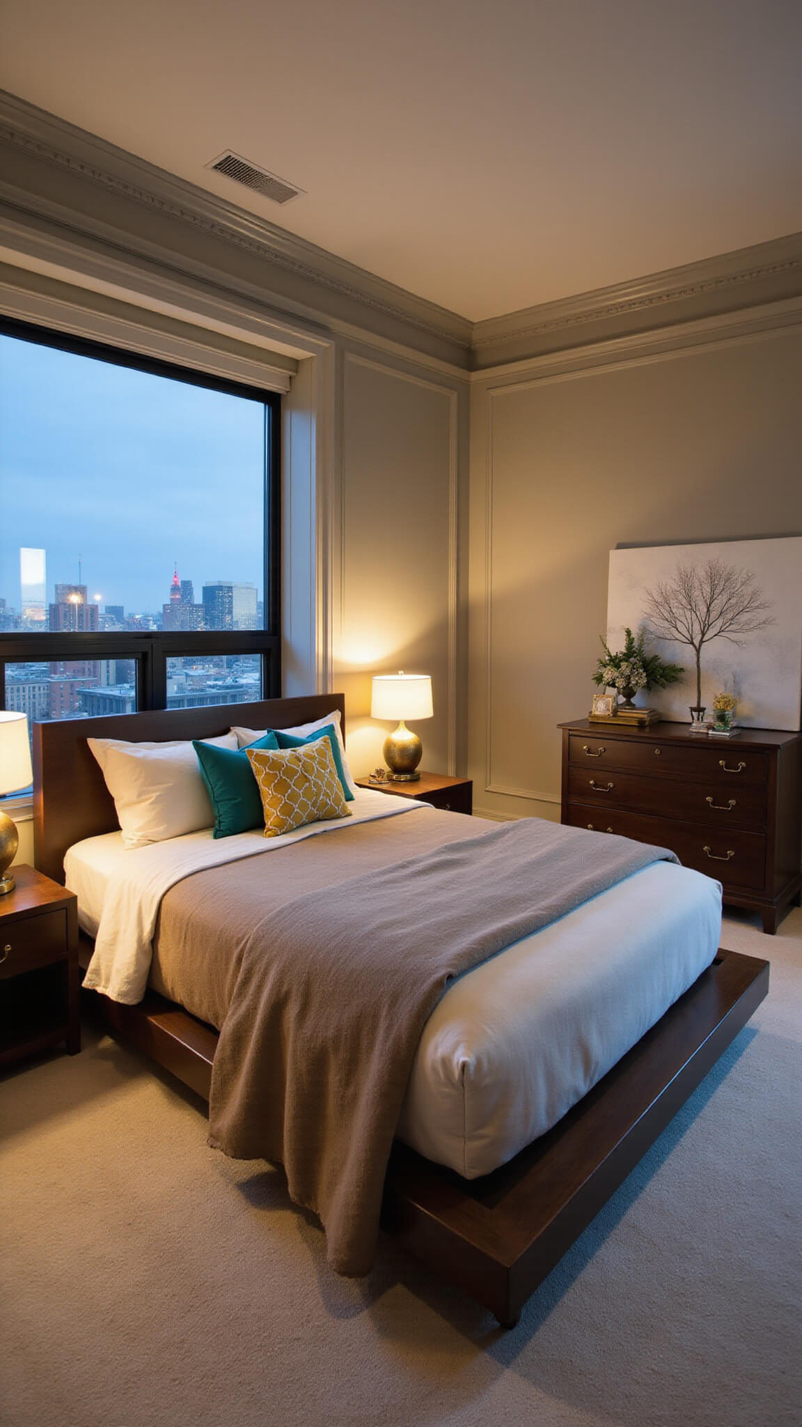 Sophisticated 13x17ft master bedroom with modern platform bed, warm brown French flax linen, teal and mustard pillows, atomic lumbar pillow, globe-lit bedside tables, abstract art, vintage dresser, brass accents, and city view at dusk.