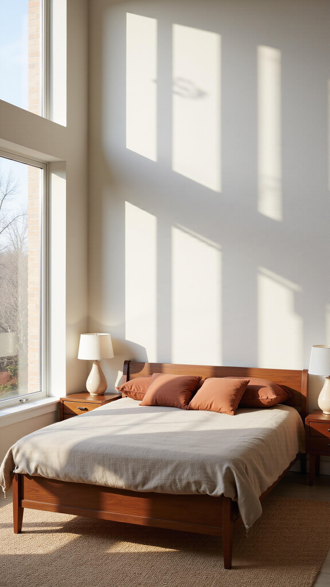 Mid-century modern bedroom with king bed in walnut, earth-tone bedding, jute rug, and sunlight streaming through floor-to-ceiling windows.