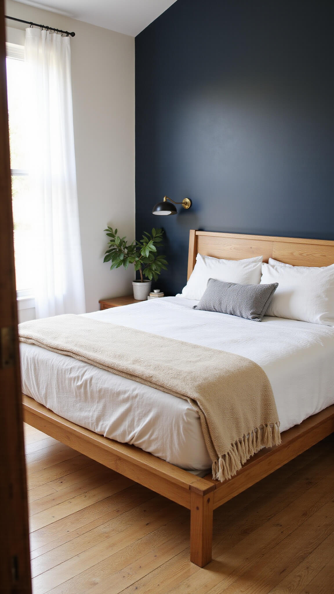 Cozy 12x14ft bedroom at golden hour with honey oak king bed by Vermont Woods Studios against navy wall, soft light highlighting wood grain, Scandinavian decor, and fiddle leaf fig in corner.